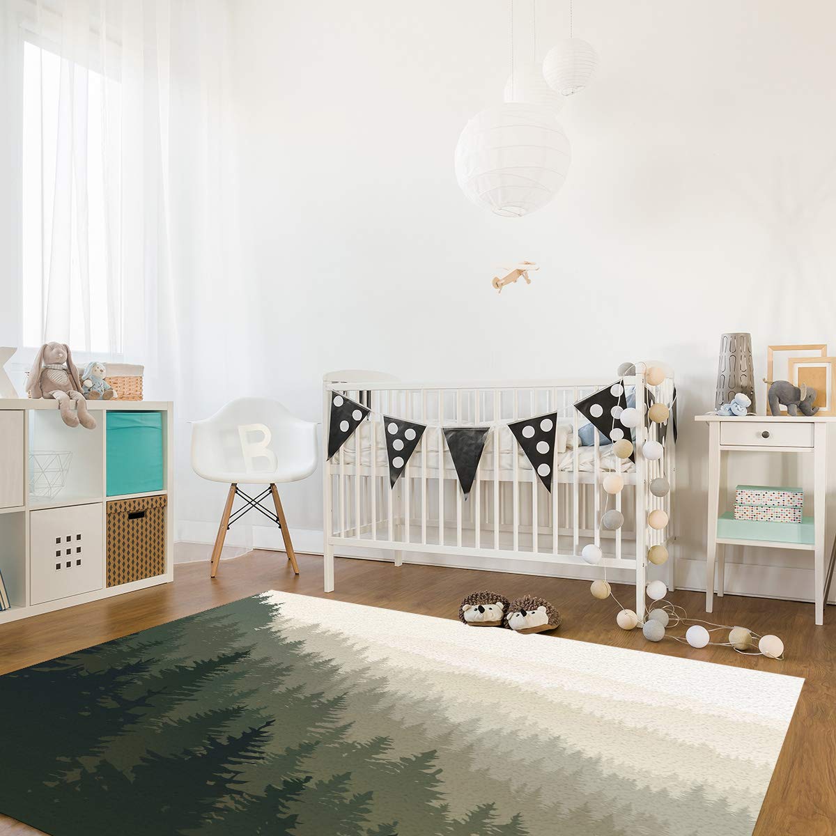 5' x 7' Large Area Rugs for Nursery, Kids Room - Scandinavian Woodland Design with Coniferous Trees - Soft Throw Carpet for Living Room, Bedroom, Kitchen Runner - Modern Floor Covering for Home Decor & Play Areas