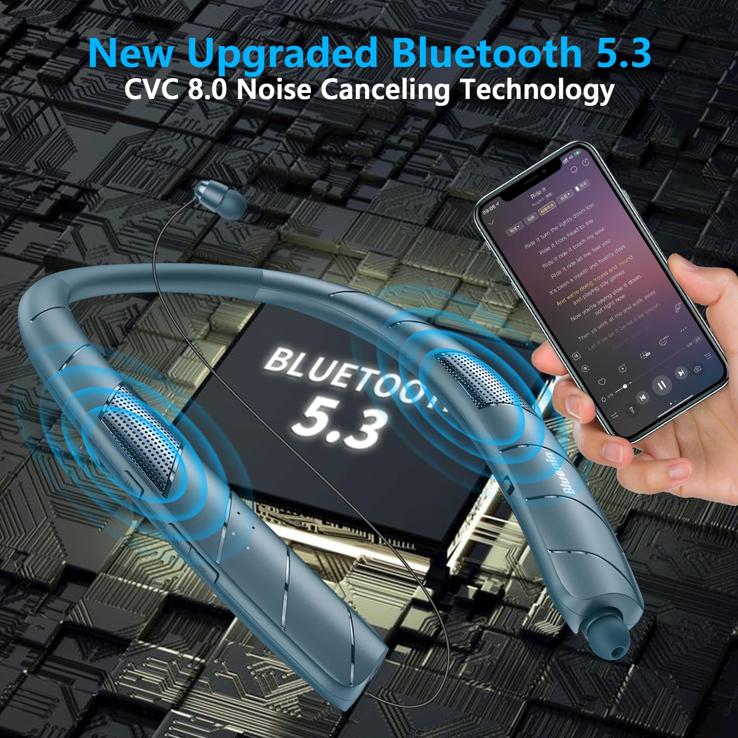 Gardway Bluetooth Headphones Speaker 2 in 1 - Wireless Neckband Headset with Retractable Earbuds, 3D Stereo Sound, Sweatproof Design, Wearable Speaker (Blue) BBH-938 - Perfect for Gym, Running, Travel & Outdoor Activities