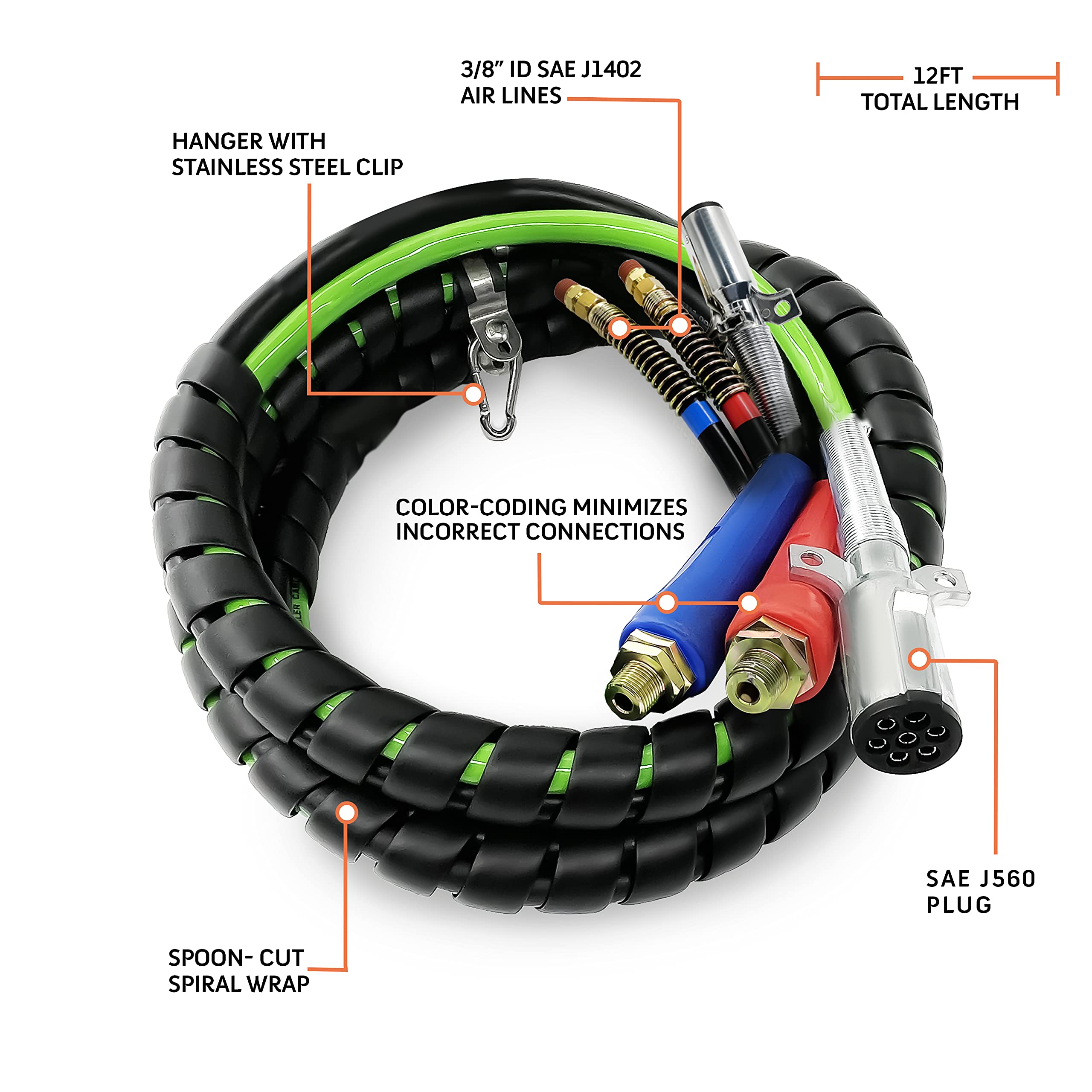 TORQUE 12 FT 3-in-1 ABS Power Air Line Kit with Gladhands, Seals & Tender Spring - Heavy Duty Semi Truck Air Hose Accessories for Tractor Trailer (TR813212) - Ideal for Brake System Repairs & Fleet Maintenance