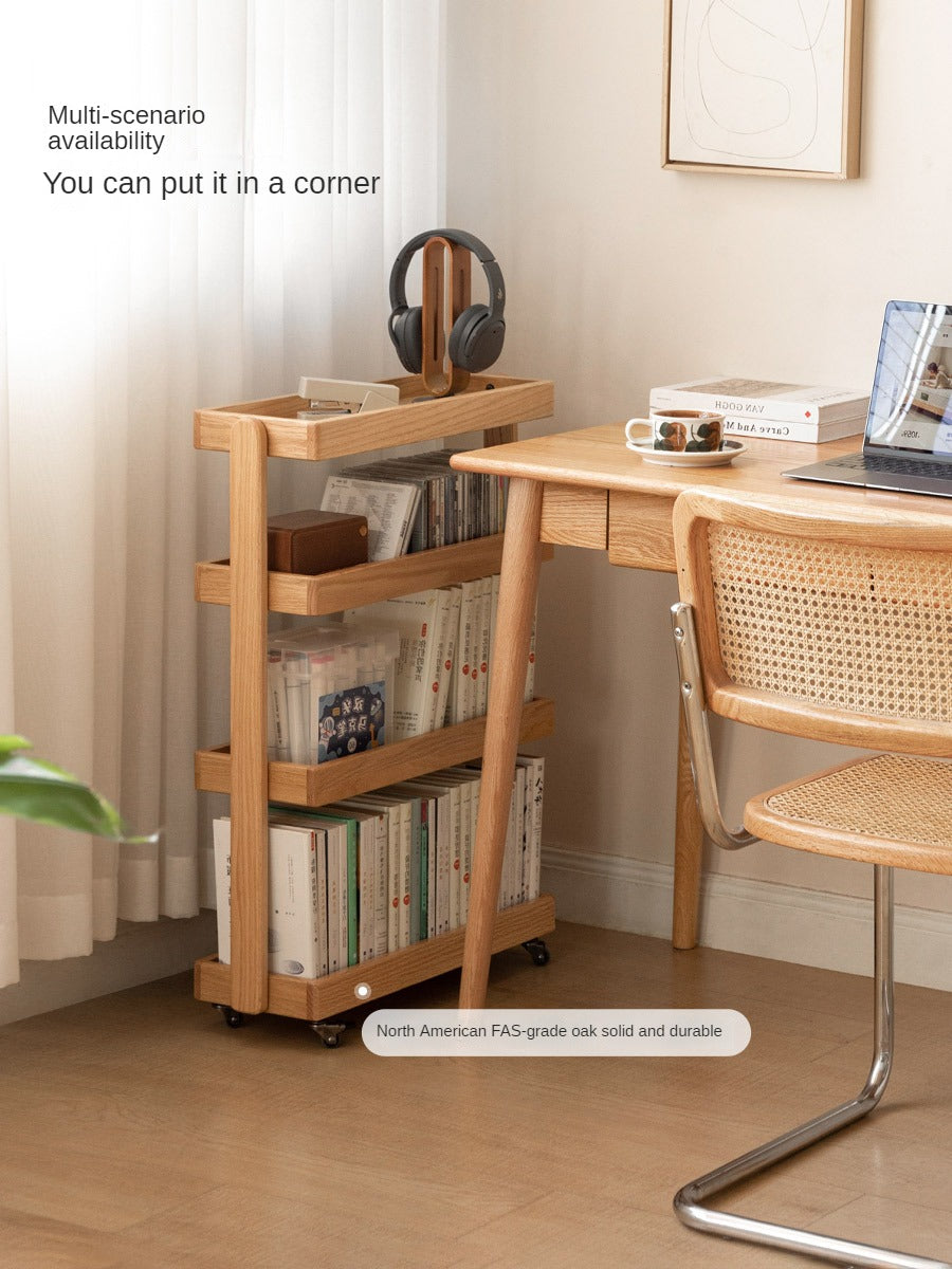 Oak Solid Wood Mobile Storage Rack Cart - Ultra Narrow Space-Saving Organizer for Kitchen, Bathroom, or Office Use