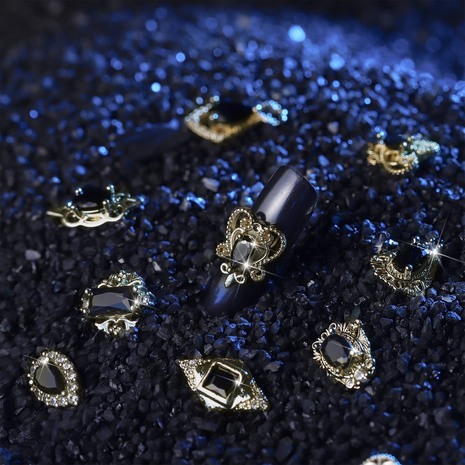 24-Piece 3D Gold & Black Rhinestone Nail Charms - Luxury Black Zircon Crystals for Acrylic Nails - Includes Storage Box - Perfect for DIY Nail Art, Salon Professionals & Home Manicures
