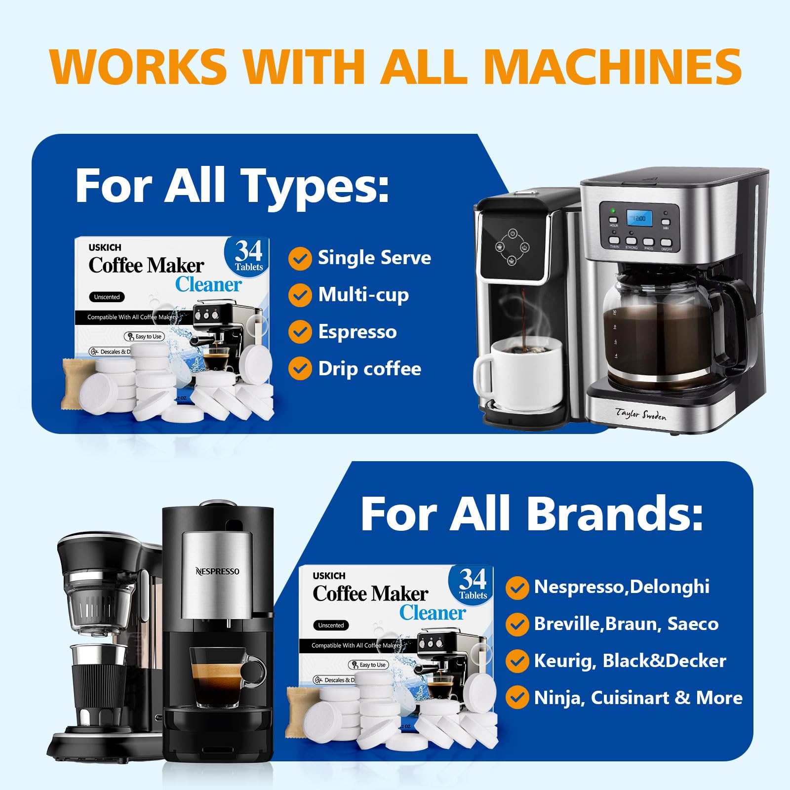 Premium Coffee Machine Cleaner & Descaler Tablets - 34 Pack | Compatible with Keurig, Ninja, Breville, DeLonghi, Nespresso, Miele & Espresso Machines | Deep Cleaning & Descaling Solution for Coffee Pots & Makers | Perfect for Home, Office & Commercial Use
