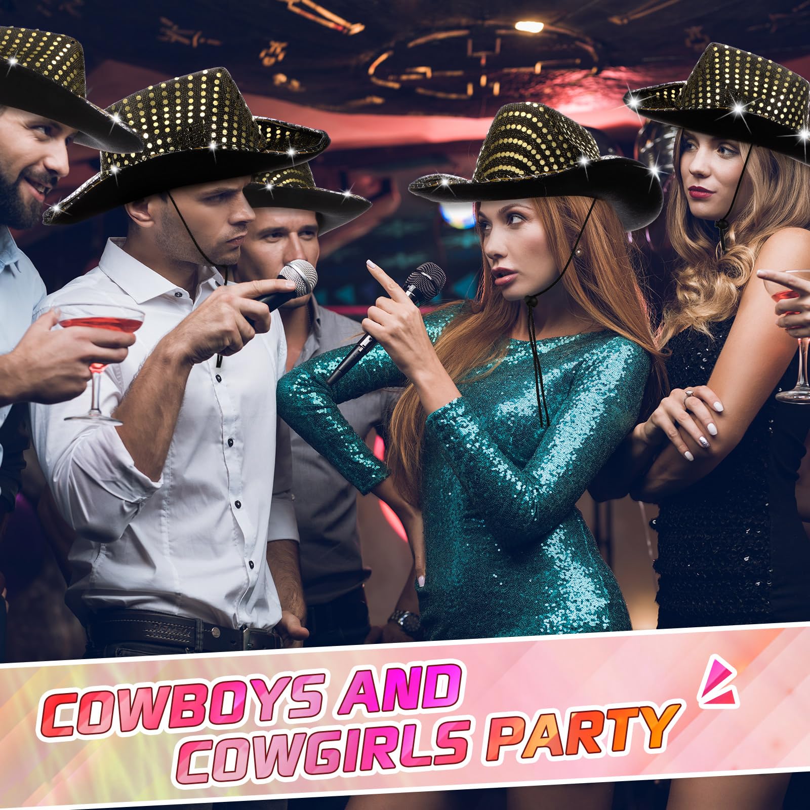 LED Cowboy Hat with Flashing Lights - 10 Pack for Western Role Play & Parties
