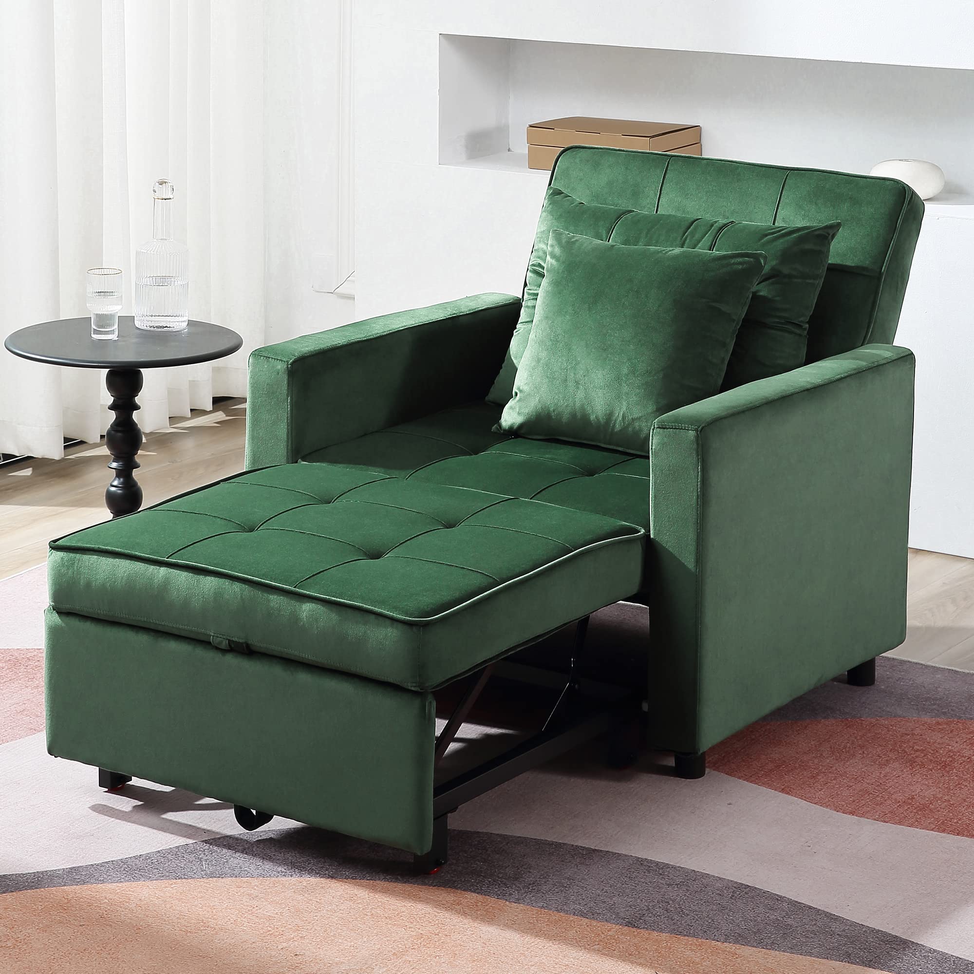 3-in-1 Convertible Chair Bed - Adjustable Backrest Folding Sofa Bed, Pull Out Sleeper Chair for Small Spaces, Modern Velvet Fabric Multi-Functional Armchair | Perfect for Living Room, Guest Room & Studio Apartments (Velvet Green)