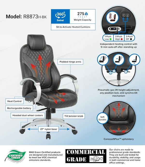 Premium Boss Executive Heated Massage Office Chair [Model R8873H BK] - Ergonomic Leather Recliner with Adjustable Lumbar Support for Home & Office Workspaces