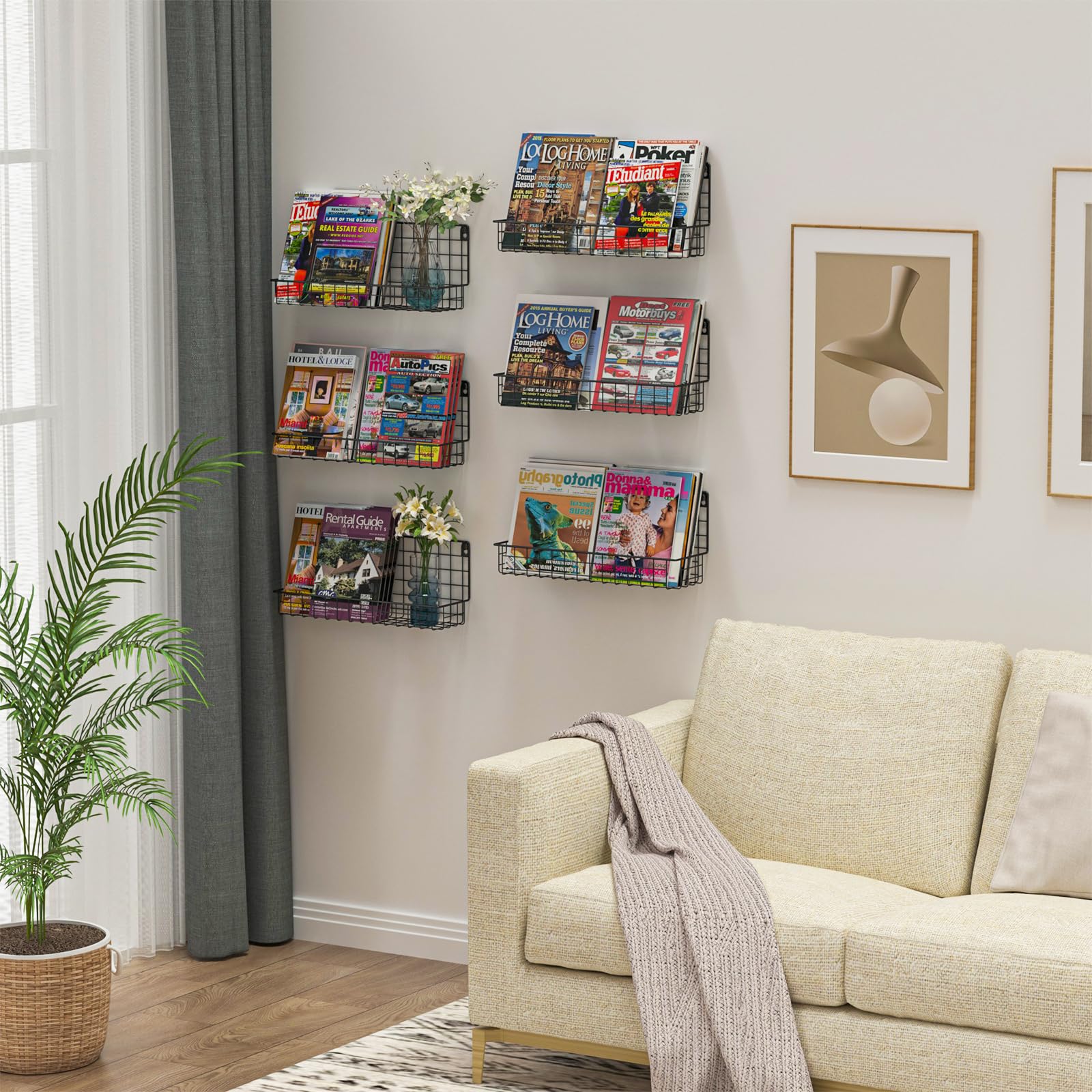 6 Pack Wall Mounted Metal Kids Bookshelf - Floating Book Shelves for Nursery, Toddler Bedroom & Classroom - Hanging Book Storage Organizer - Black - Perfect for Kids' Room Decor, Book Display & Space Saving Storage