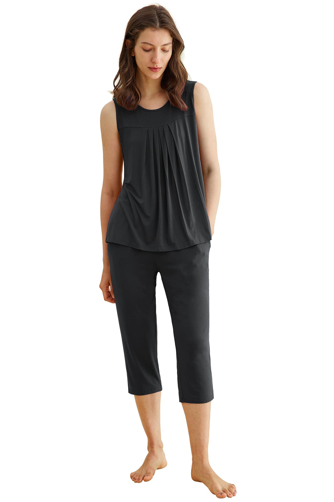 Latuza Women's Summer Pleated Tank Top & Capri Pajama Set - Soft Sleepwear for Hot Weather, Lounge Wear, Nightwear, and Relaxation at Home