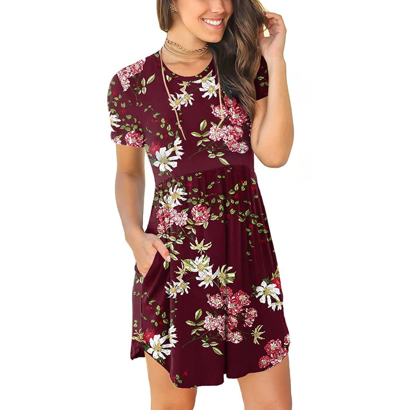 Floral Print Summer Dress with Pockets - Women's Sexy Short Sleeve Casual Smock Mini Dress with Side Split | Perfect for Beach Vacations, Date Nights & Summer Outings