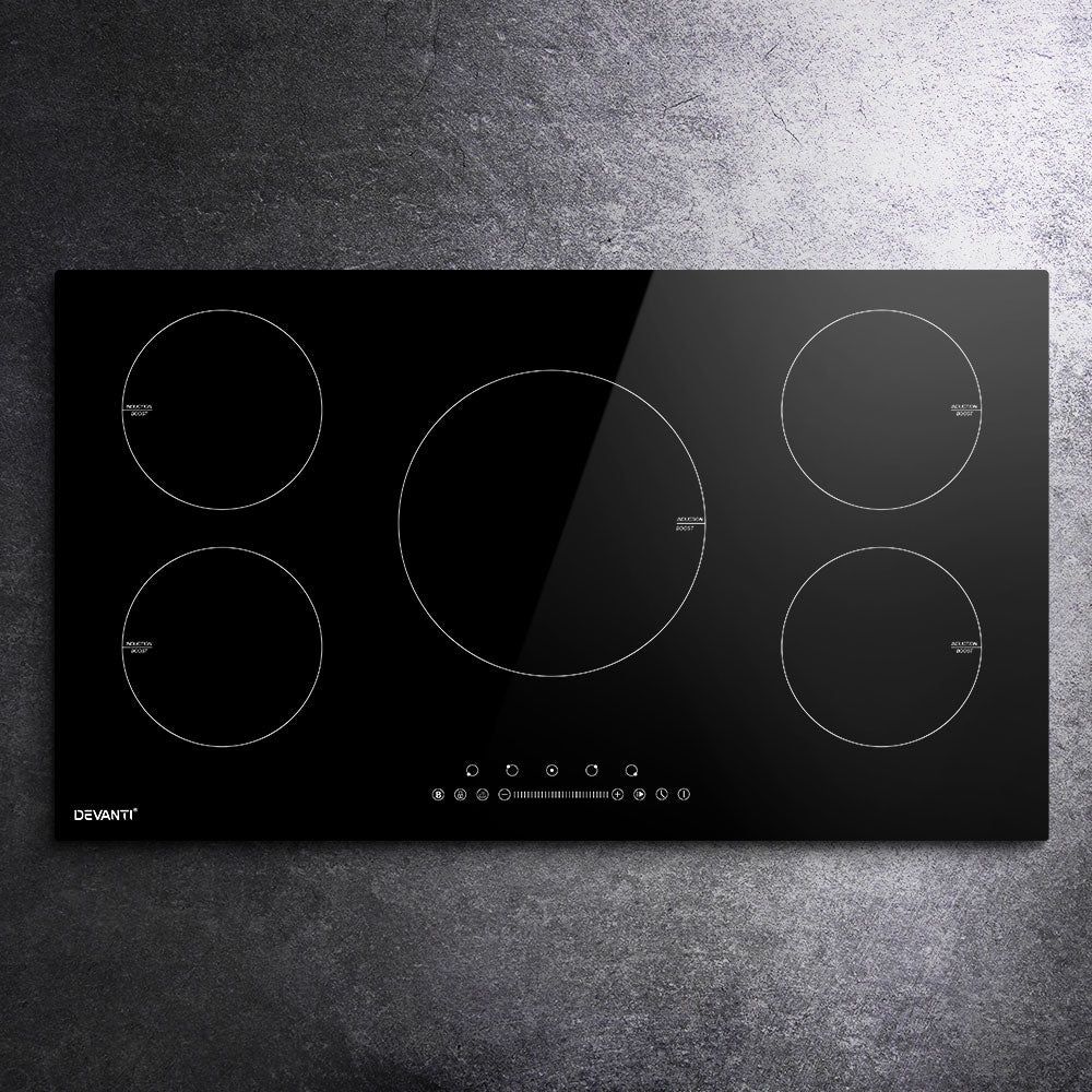 Devanti 90cm Induction Cooktop - 5 Zone Electric Ceramic Stove with Hot Plate for Fast & Safe Cooking | Perfect for Home Kitchens, Restaurants & Outdoor Use