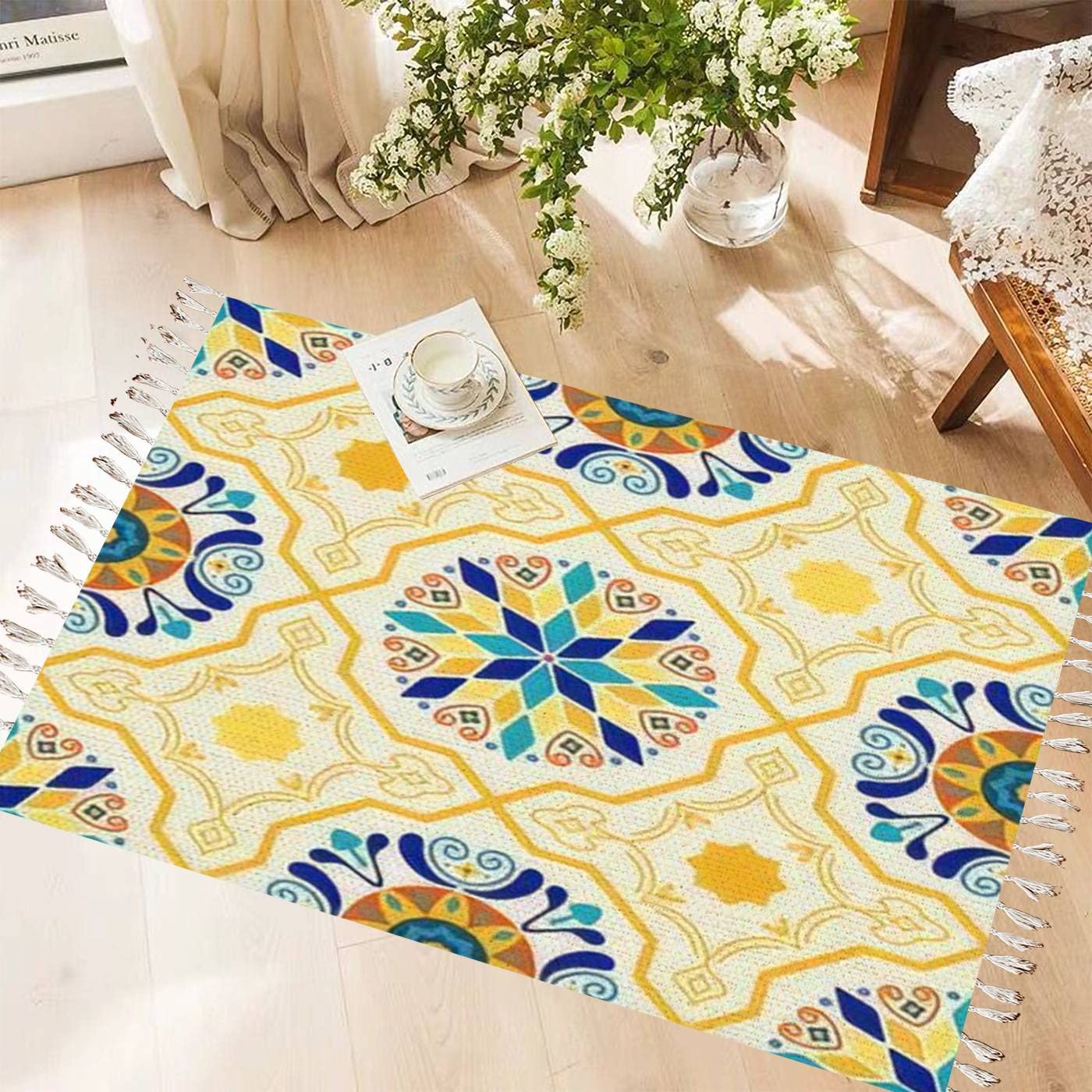 Vintage Cotton & Linen Tassel Rug - Moroccan Geometric Boho Floor Mat, Washable Woven Area Rug for Kitchen, Bathroom, Outdoor Decor | Perfect for Bohemian Living Rooms, Bedrooms & Patio Spaces