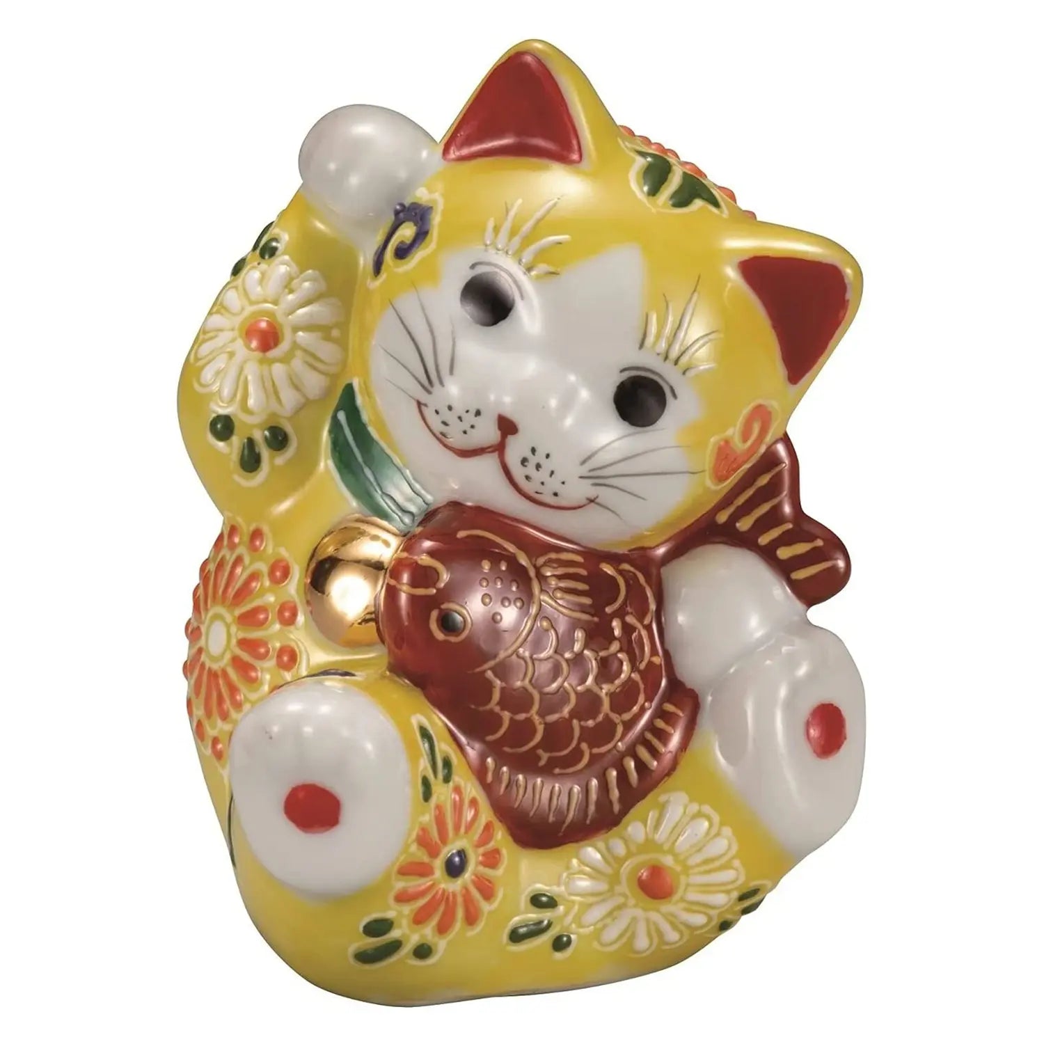 Authentic Japanese Kutani Ware Porcelain Maneki Neko Lucky Cat Figurine with Yellow Flower Design - 3.8 Inch Collectible Home Decor for Good Fortune & Japanese Culture Enthusiasts | Perfect for Office Desk, Gift Giving & Asian-Themed Interior Design