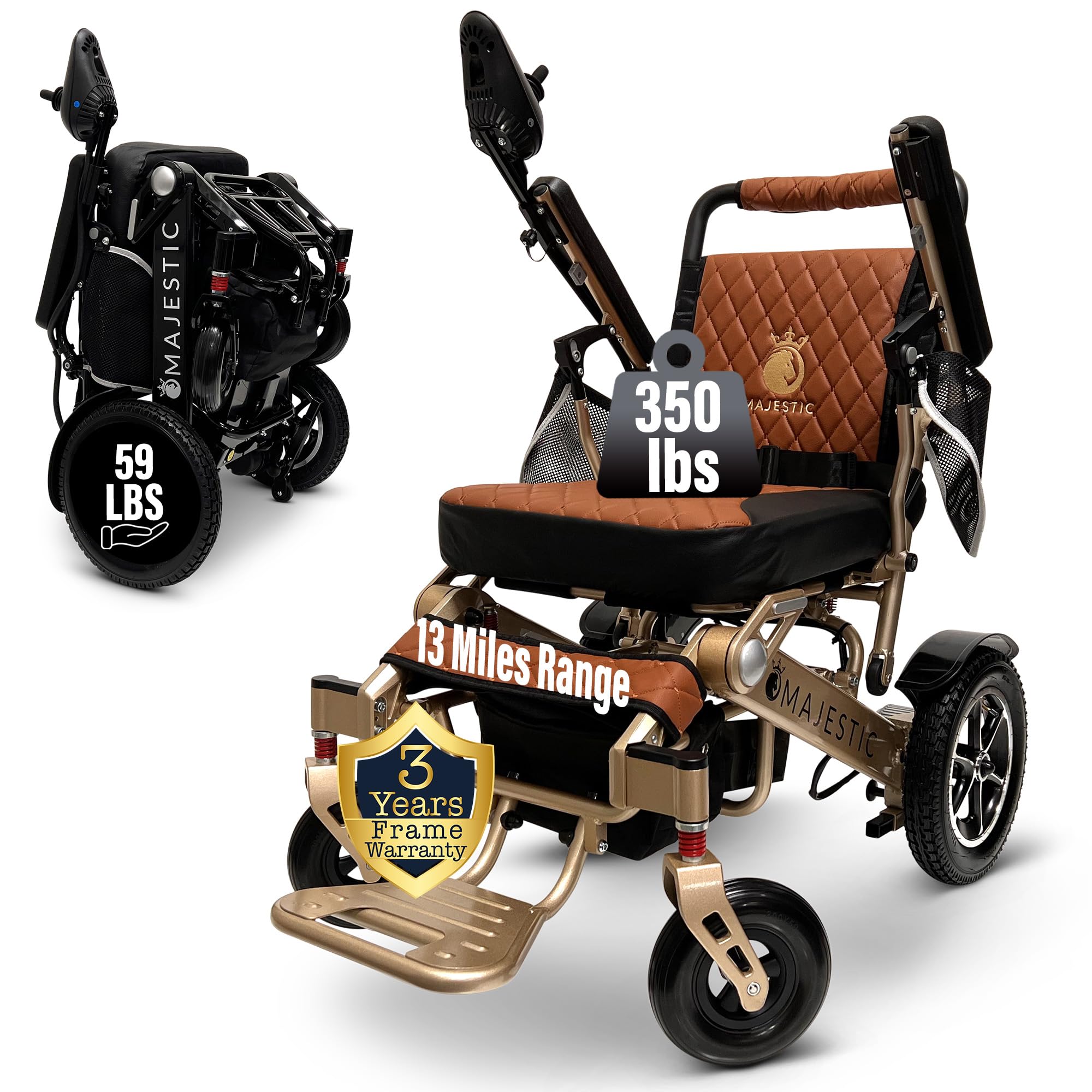 MALISA Foldable Lightweight Electric Wheelchair for Adults - All Terrain Power Mobility Scooter with Comfortable Leather Seat (Bronze, Taba) | Perfect for Indoor/Outdoor Use, Travel & Daily Mobility Assistance
