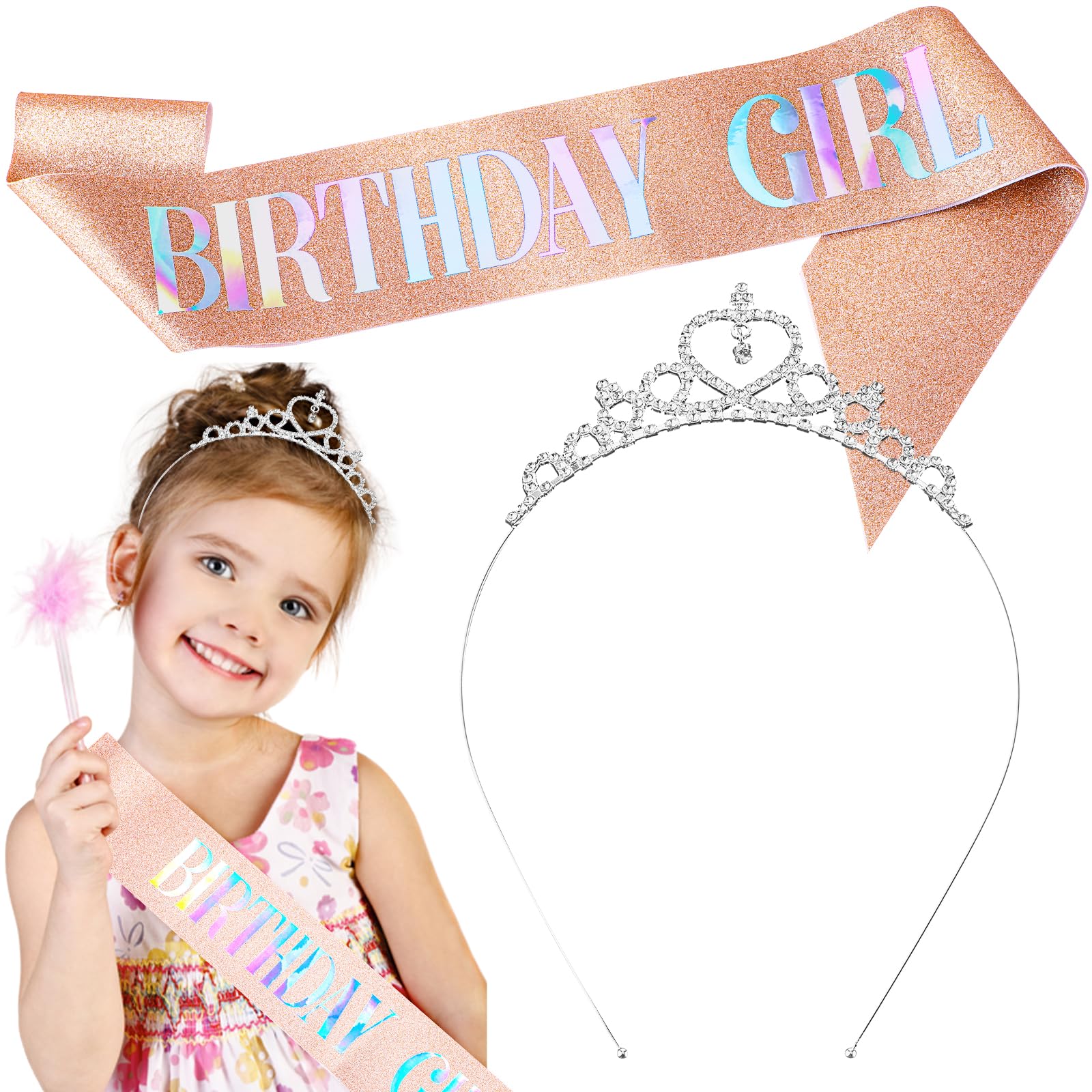 Sparkling Cobee Birthday Tiara & Sash Set for Women - Rhinestone Crown & Elegant Pink Sash - Perfect Princess Birthday Party Accessories & Gifts (Great for Birthday Celebrations, Bachelorette Parties & Special Occasions)