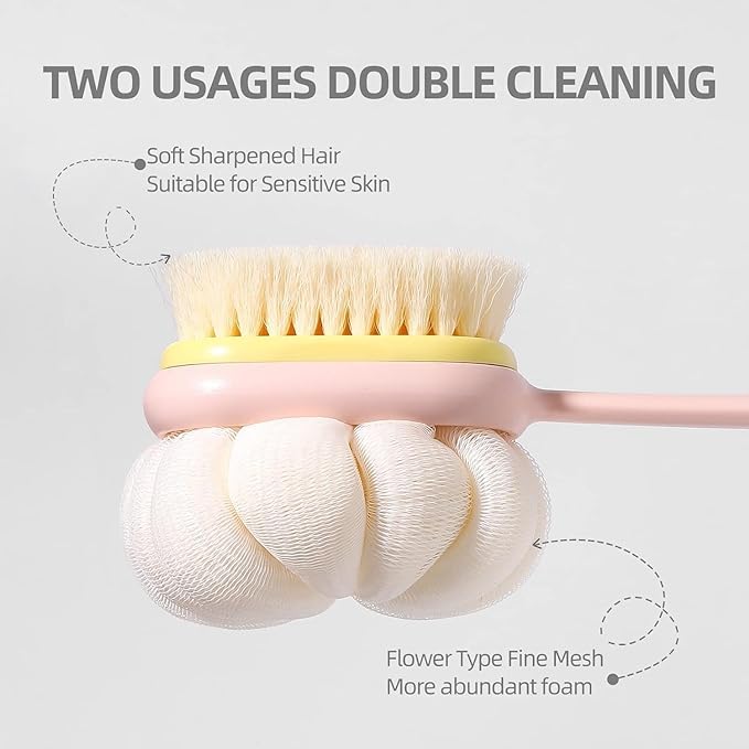 KIMEE 2-in-1 Body Bathing Brush with Soft Bristles & Loofah Back Scrubber - Exfoliating & Cleansing Shower Brush with Long Handle for Smooth Skin - Perfect for Men & Women - Ideal for Daily Shower Routine, Spa Days & Skin Care Regimen