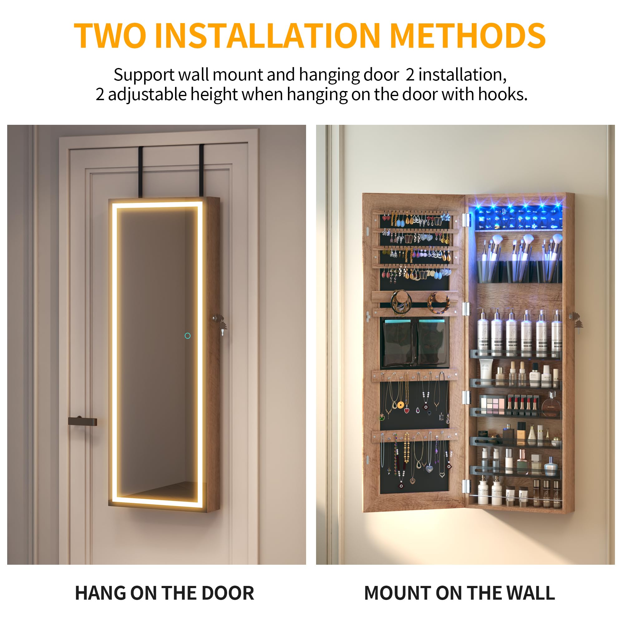 LVSOMT LED Jewelry Cabinet Armoire with Full Length Mirror - Wall/Door Mounted Lockable Storage Organizer with Lights, Over the Door Hanging Dressing Mirror (Wood) - Perfect for Bedroom, Closet & Vanity Organization