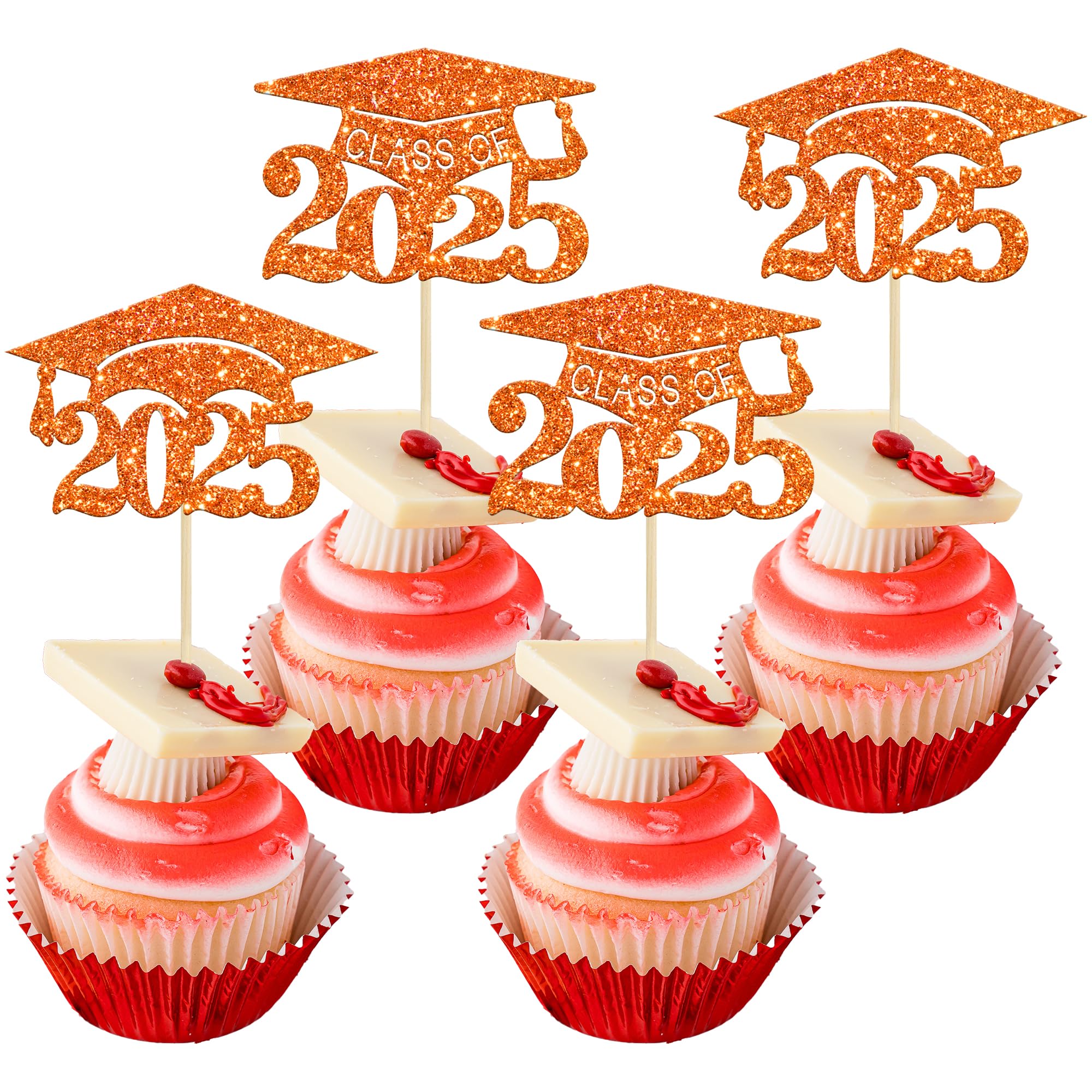 24Pcs 2025 Graduation Cap Cupcake Toppers - Orange Glitter Class of 2025 Cake Decorations for Graduation Party, Birthday, School Celebration | Perfect for Cupcakes, Cakes, Desserts