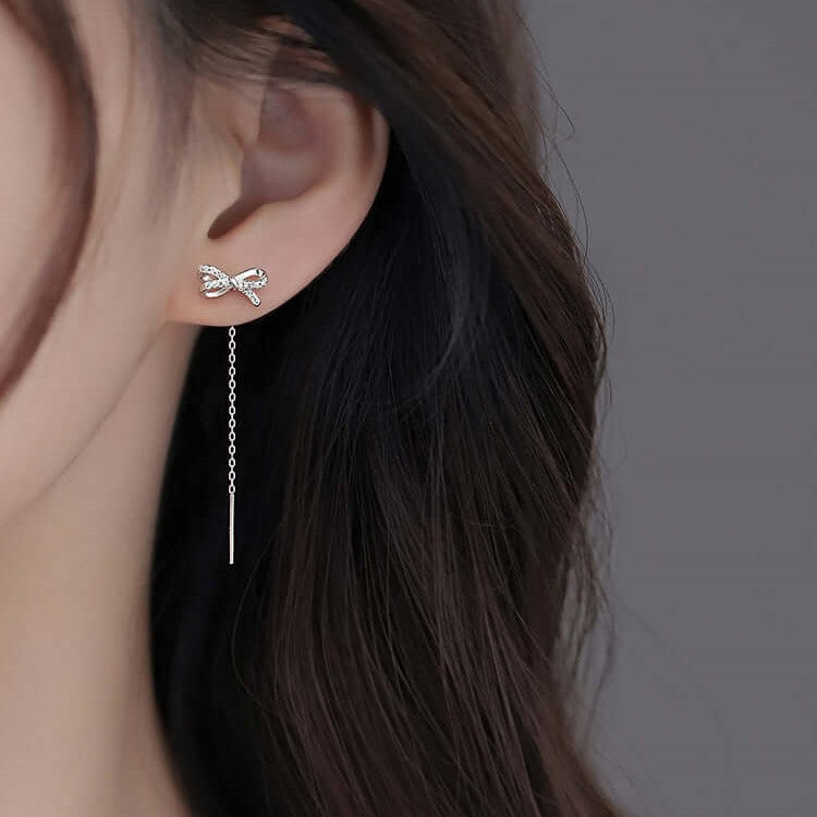 Gold Bow Tassel Fringe Threader Earrings for Women - Elegant Dangle Drop Earrings for Parties, Weddings & Special Occasions | R0016
