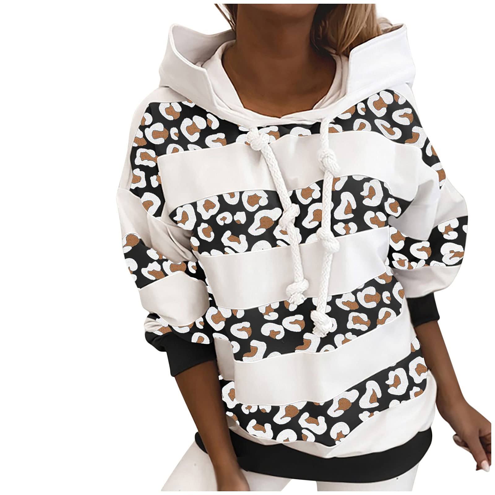 Women's Leopard Print Hooded Sweatshirt - Cozy Striped Long Sleeve Pullover for Fall & Winter 2024 | Casual Streetwear, Lounge Wear & Outdoor Activities