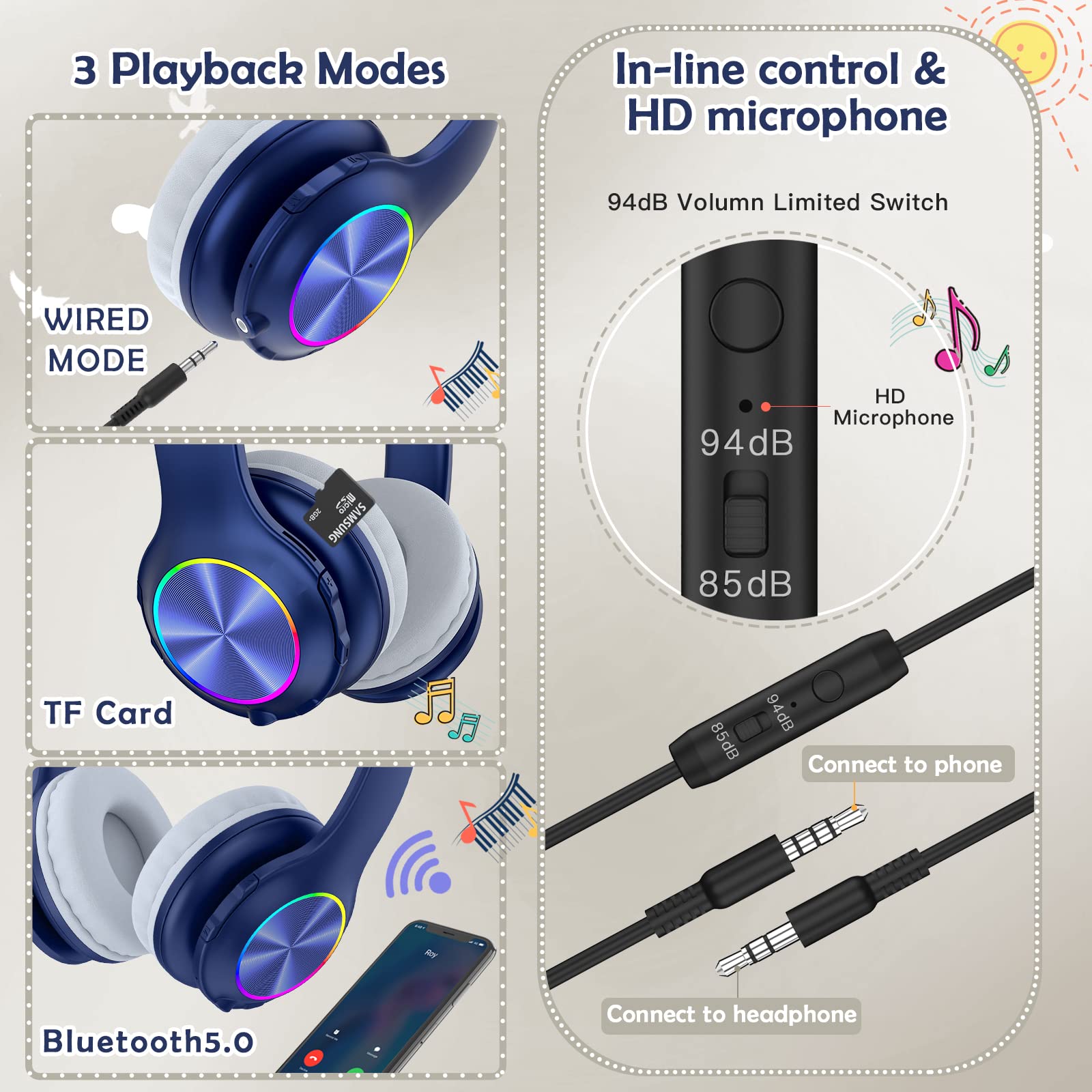 **2024 Kids Bluetooth Headphones with LED Lights - Wireless & Wired Headset for Ages 3-21, 94dB Volume Limit, Built-in Mic, TF Card Support - Perfect for School, iPad, PC, TV & Mobile (Navy Blue)**    **Usage Scenarios:** Ideal for online learning, gaming, music, watching videos, and travel entertainment.