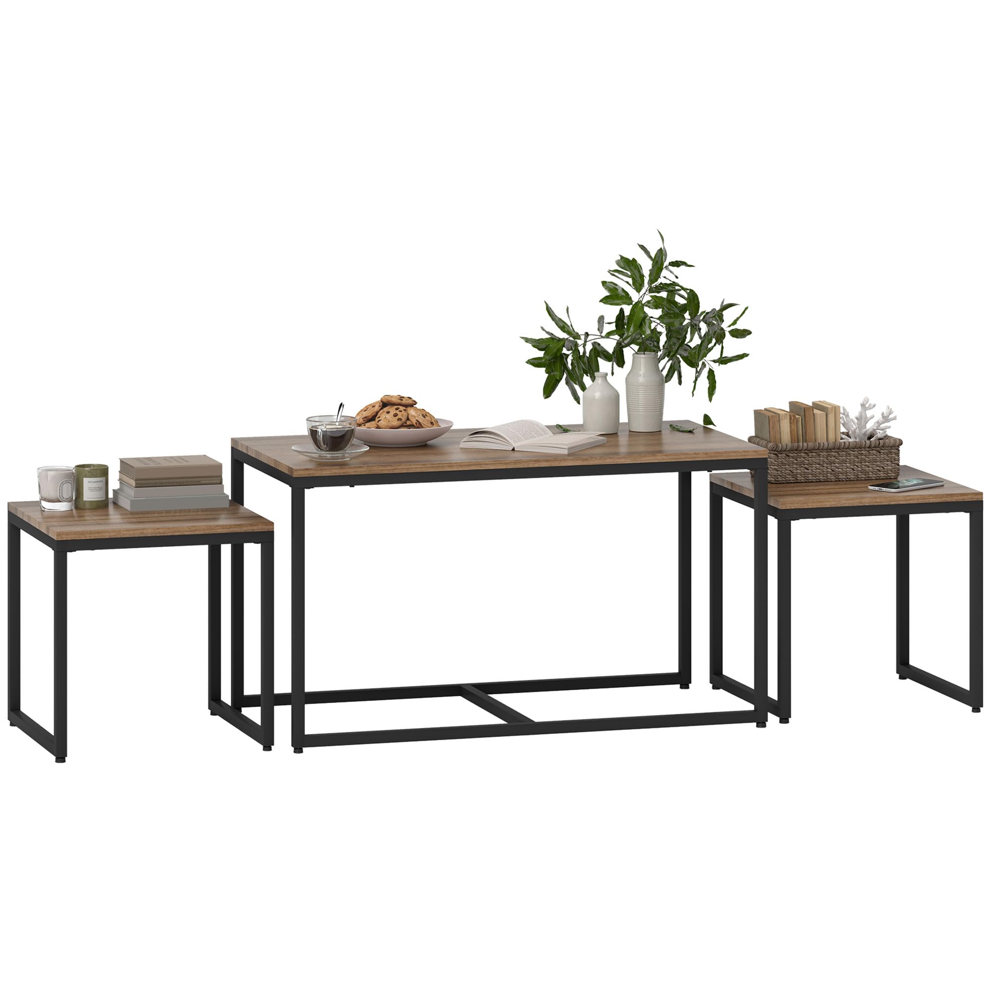 HOMCOM 3-Piece Nesting Coffee Table Set, Modern End Tables with Black Metal Frame & Brown Wood Grain - Living Room Furniture for Small Spaces, Apartments & Home Decor