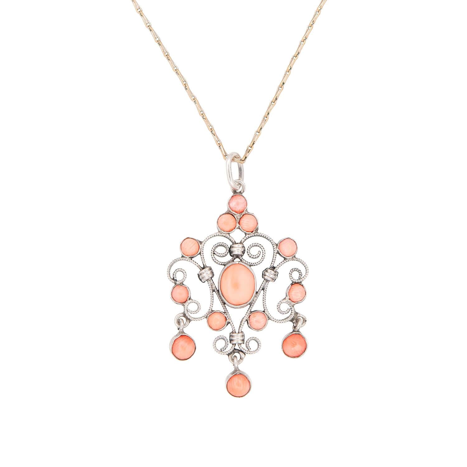 Edwardian Sterling Silver Coral Lavalier Pendant Necklace | Antique Jewelry for Women | Perfect for Vintage Lovers, Weddings & Special Occasions