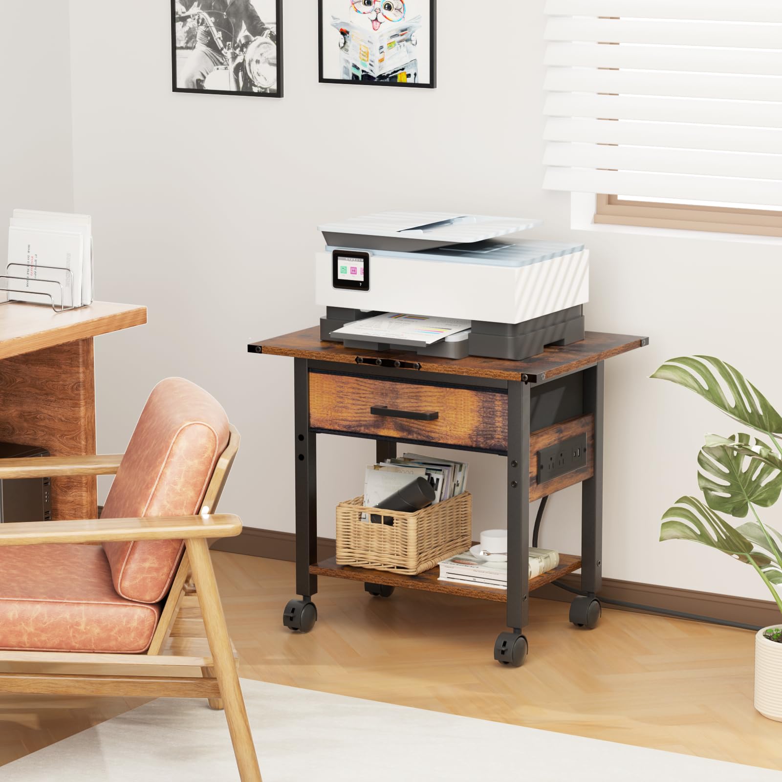 Lerliuo 2-Tier Under Desk Rolling Printer Stand with Charging Station & USB Ports, Lockable Wheels Printer Cart with Fabric Drawer - Compact Printer Table for Home Office Workspace (Brown) | Perfect for Organizing Printers, Scanners & Office Supplies Under Your Desk
