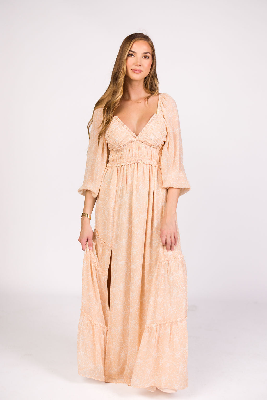 Daphne Long Sleeve Maxi Dress - Light Beige/White Floral Print | Bump Friendly Maternity & Inclusive Sizing (XS-3XL) | Perfect for Pregnancy, Weddings & Special Occasions