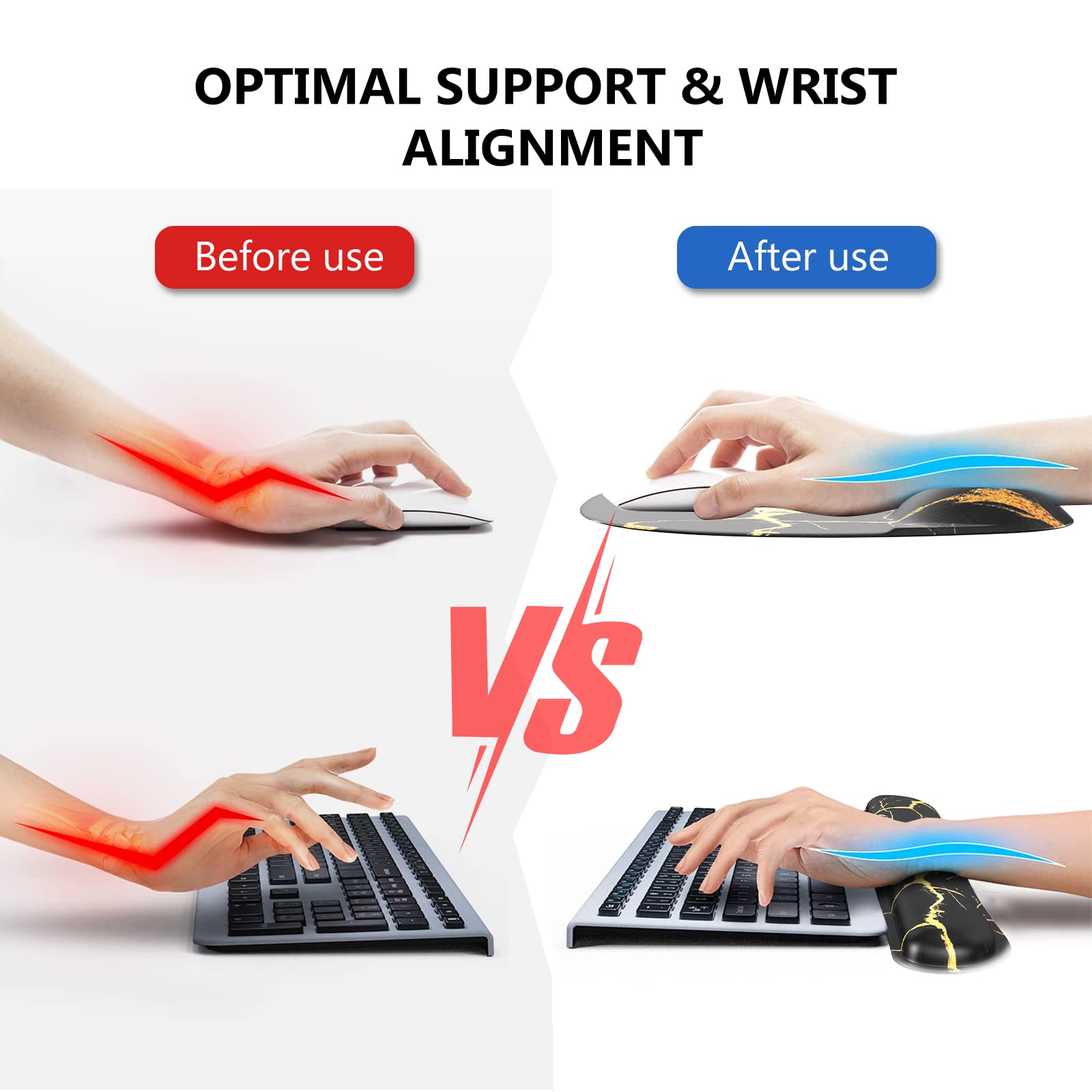 Ergonomic Mouse Pad with Wrist Rest - Black Gold Marble Desk Mat Set for Keyboard & Mouse - Office & Gaming Accessories for Comfort & Productivity - Perfect for Workstations, Home Offices & PC Setups