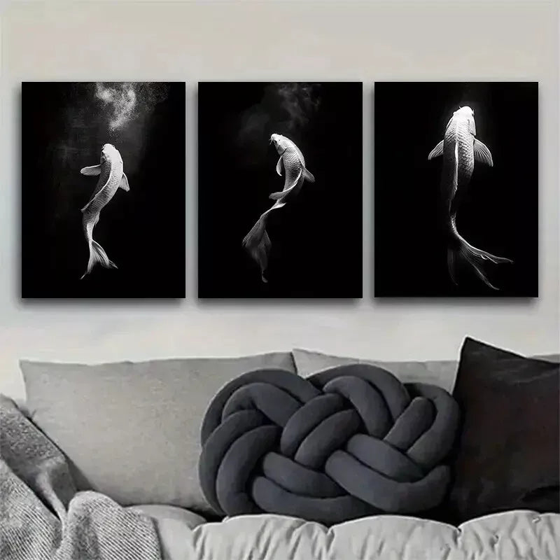 3-Piece Oriental Koi Fish Ink Art Canvas Set - Modern Framed Wall Decor 50x70cm | High Quality Print | Ready to Hang | Perfect for Living Room, Bedroom & Office Decor