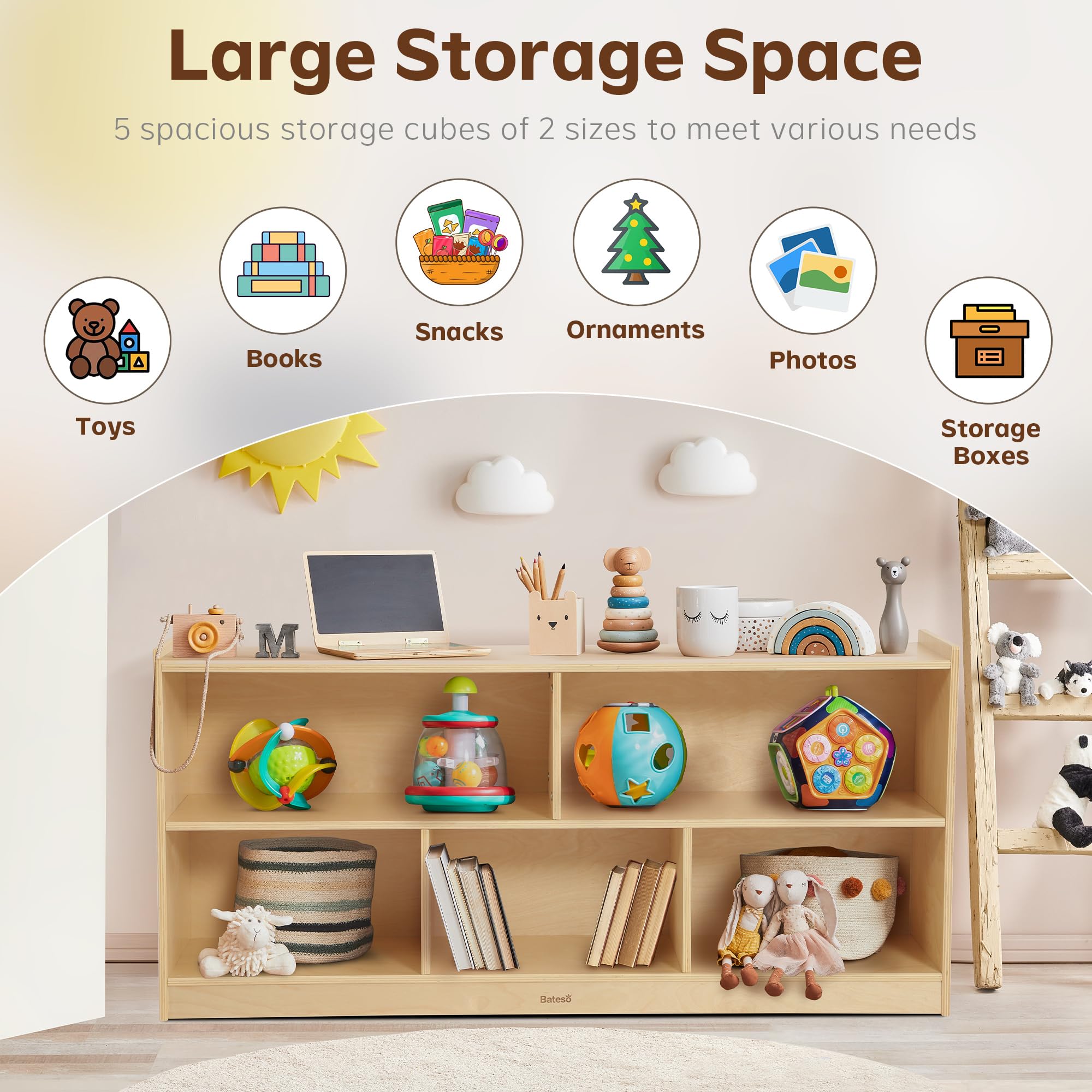 Large Wooden Toy Storage Organizer - 2-Shelf Montessori Bookshelf & 5-Section Kids Bookcase - Sturdy Classroom Storage Cabinet & Toddler Toy Shelf for Kids Room, Playroom, Nursery - Perfect for Organizing Toys, Books, and Learning Materials in Daycare, Preschool, or Home Play Areas