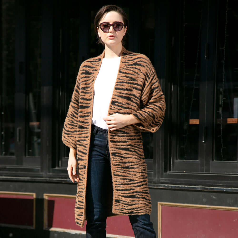 Stylish Tiger & Zebra Print Bell Sleeve Cardigan Sweater - Women's Fashion Knitwear for Casual Outfits, Office Wear & Date Nights