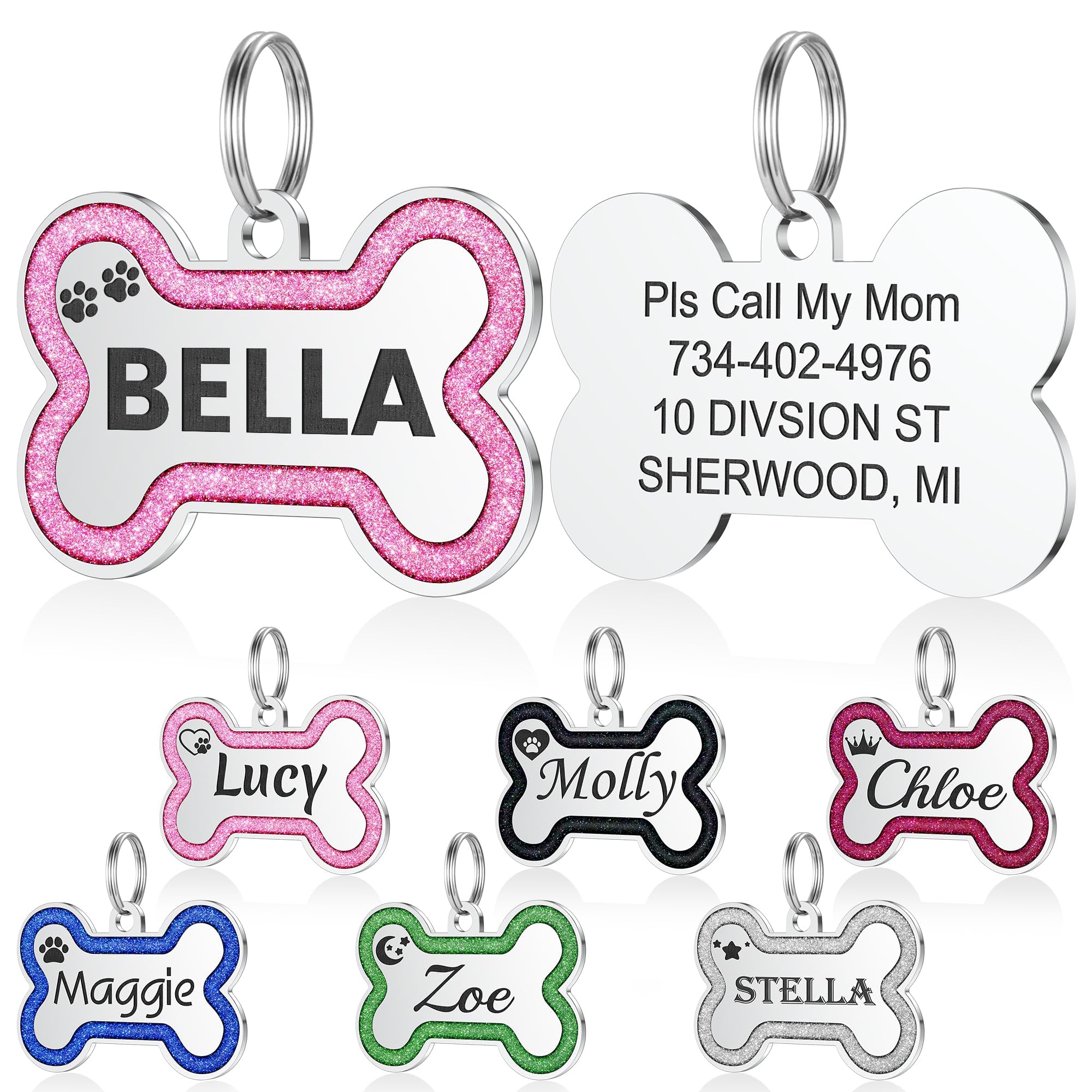 Personalized Glitter Bone-Shaped Dog & Cat Tags - Custom Engraved Stainless Steel Pet ID Tags with Lovely Icons (Small, Pink) - Perfect for Daily Walks, Pet Safety & Stylish Pet Accessories