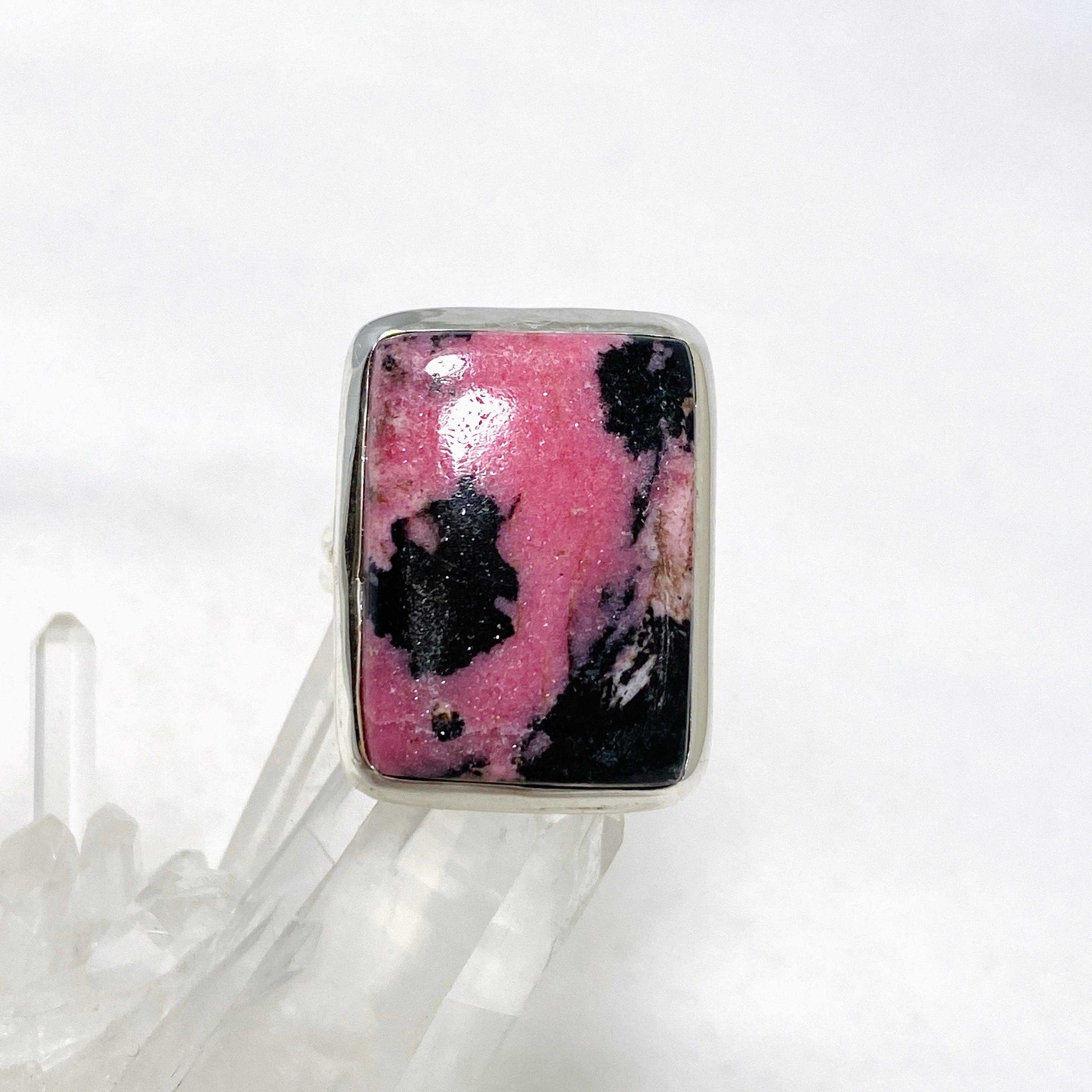 Rhodonite Rectangle Split Band Ring for Women - Size 6 Sterling Silver Healing Stone Jewelry KRGJ3211 | Gift for Her, Meditation, Energy Balancing