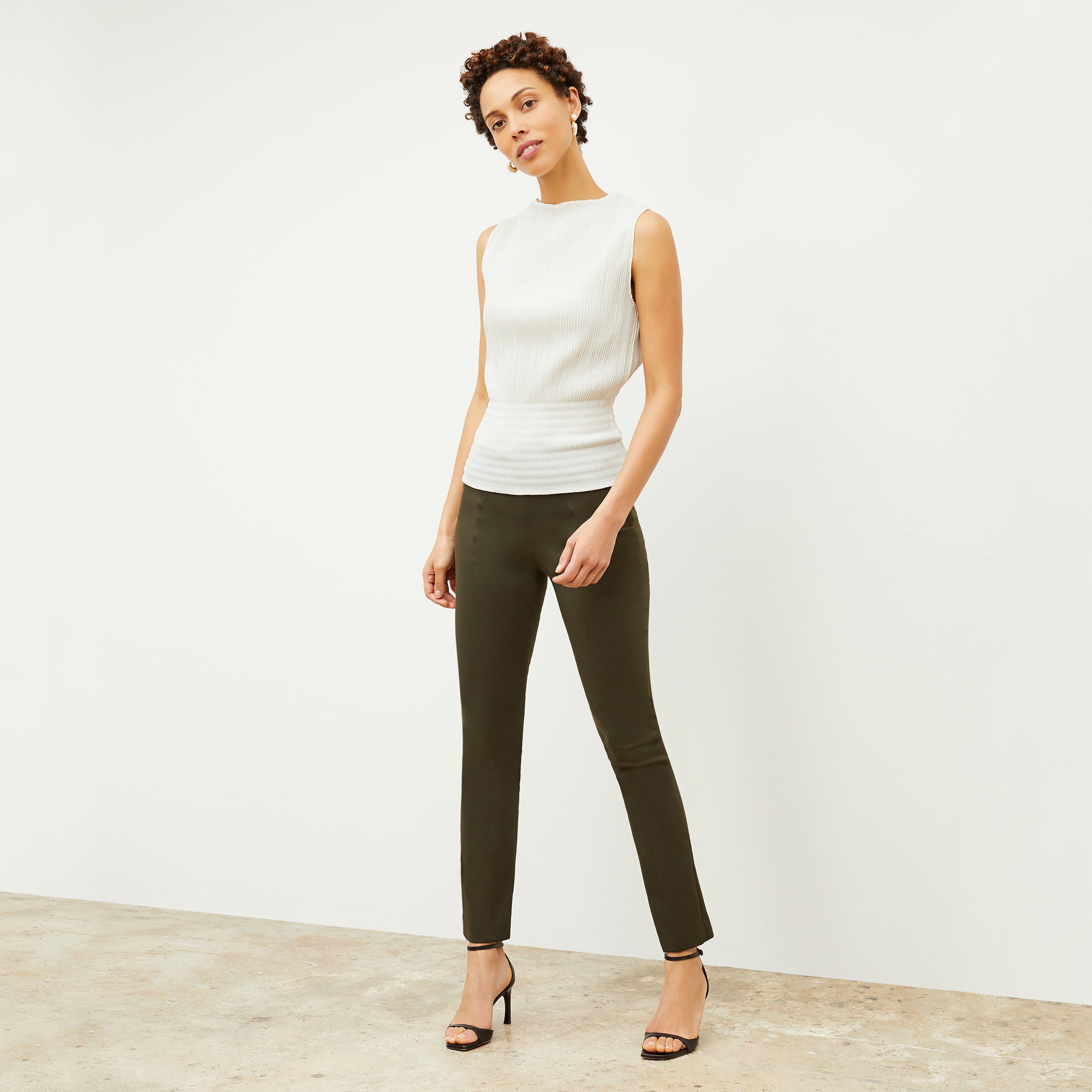 Foster Cigarette Pants for Women - PowerStretch High Waist Slim Fit Trousers in Dark Olive | Perfect for Work, Travel & Outdoor Activities