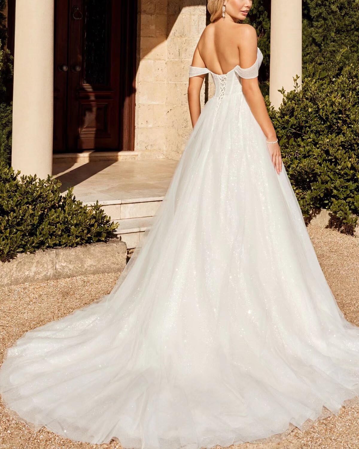 Off The Shoulder Tulle Wedding Dress for Bride - Sweetheart Neckline A-Line Corset Back Long Bridal Gown | Perfect for Beach Weddings, Church Ceremonies & Romantic Photoshoots