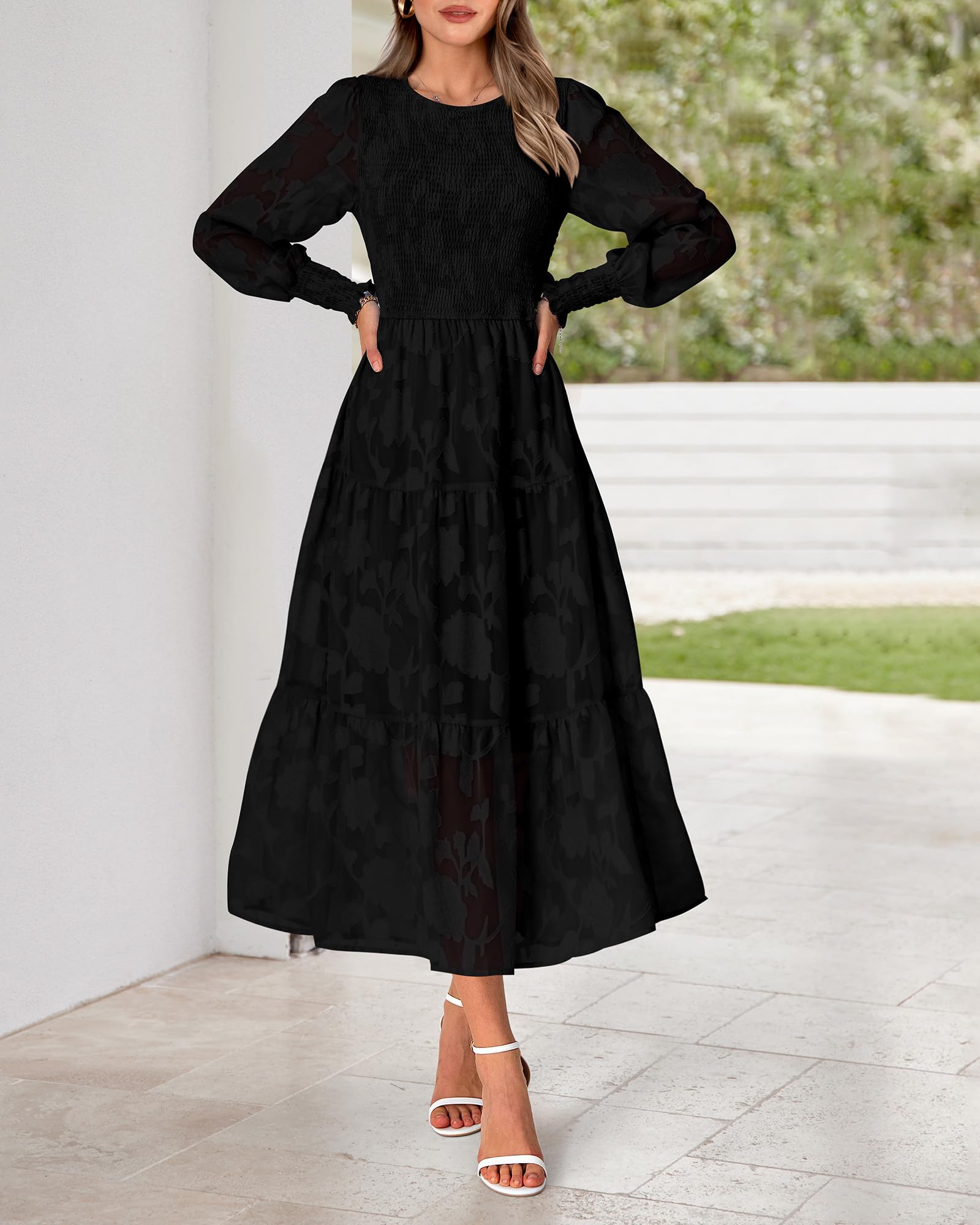 BTFBM Women's Elegant Floral Midi Dress - Long Sleeve Bohemian Wedding Guest Dress for Spring 2025 | Perfect for Garden Parties, Bridal Showers & Formal Events