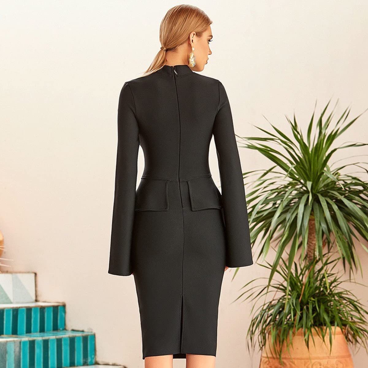 SEFAX Women's Black Bandage Dress Long Sleeve Bodycon Party Club Dress - Winter Formal Evening Gown for Night Out, Date Night & Holiday Events (Small)