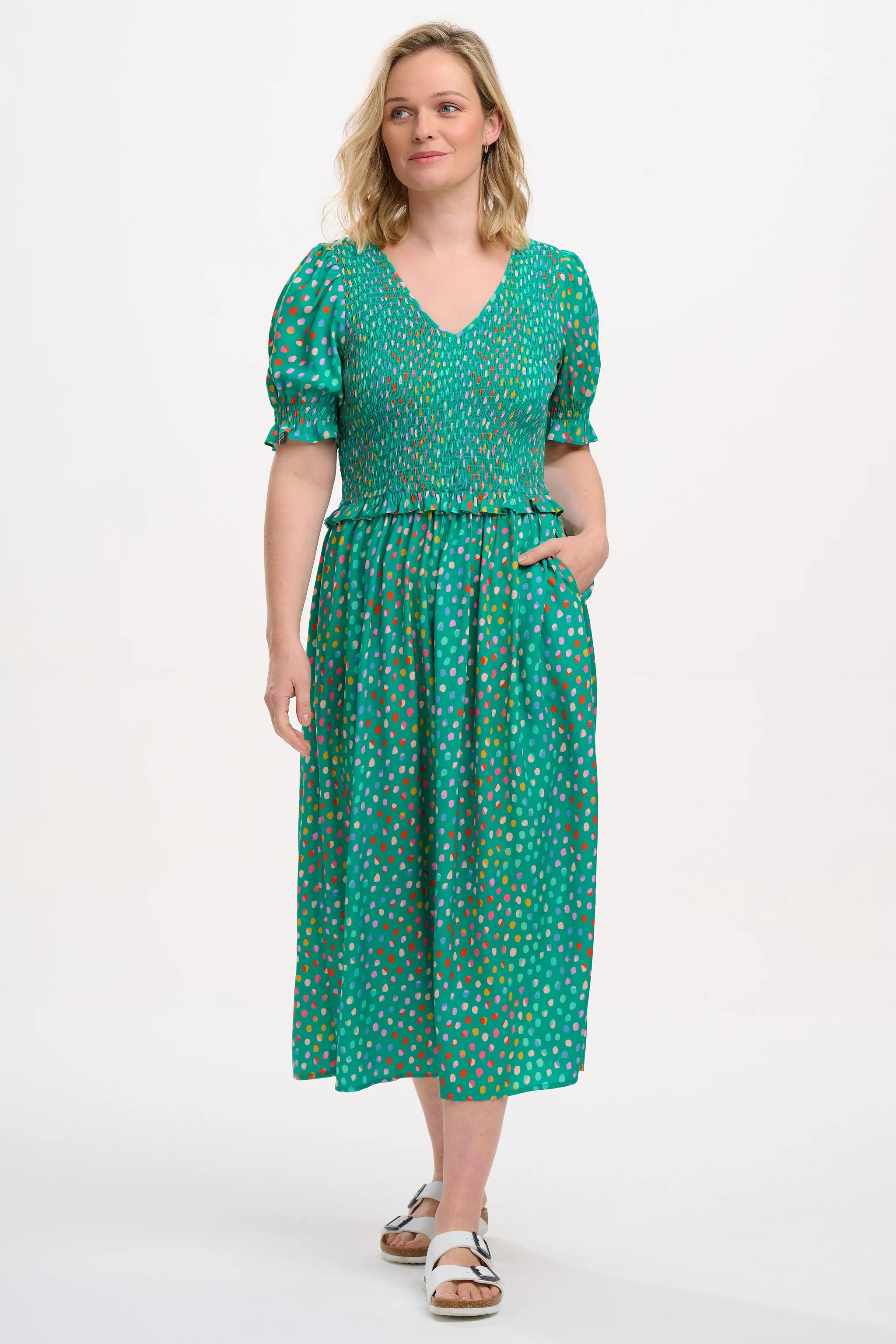 Bettina Shirred Midi Dress - Green Rainbow Pebbles Print Flowy Summer Dress for Women | Perfect for Beach Vacations, Date Nights & Casual Outings