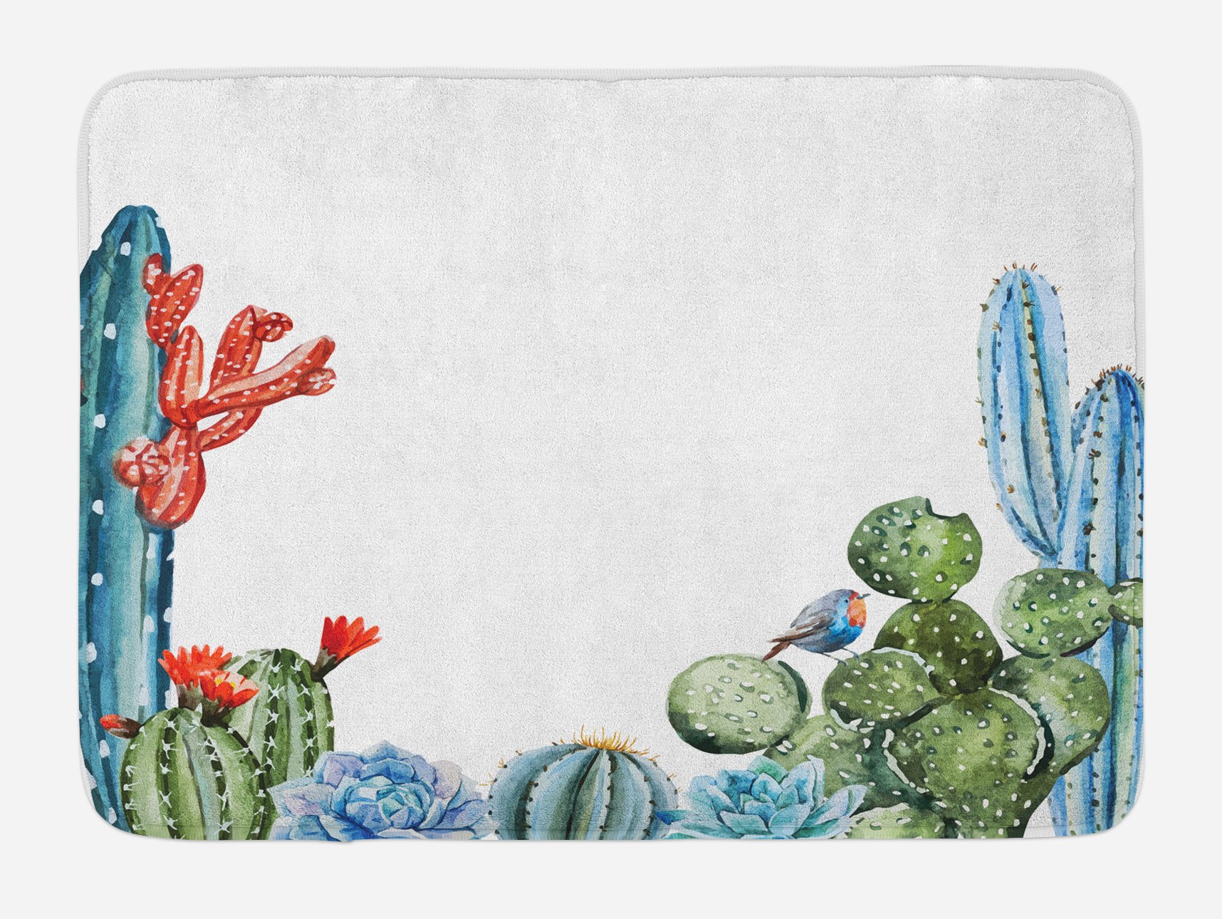 Ambesonne Non-Slip Plush Bath Mat - Vintage Cactus Cartoon Design with Flowers & Birds, 30.2