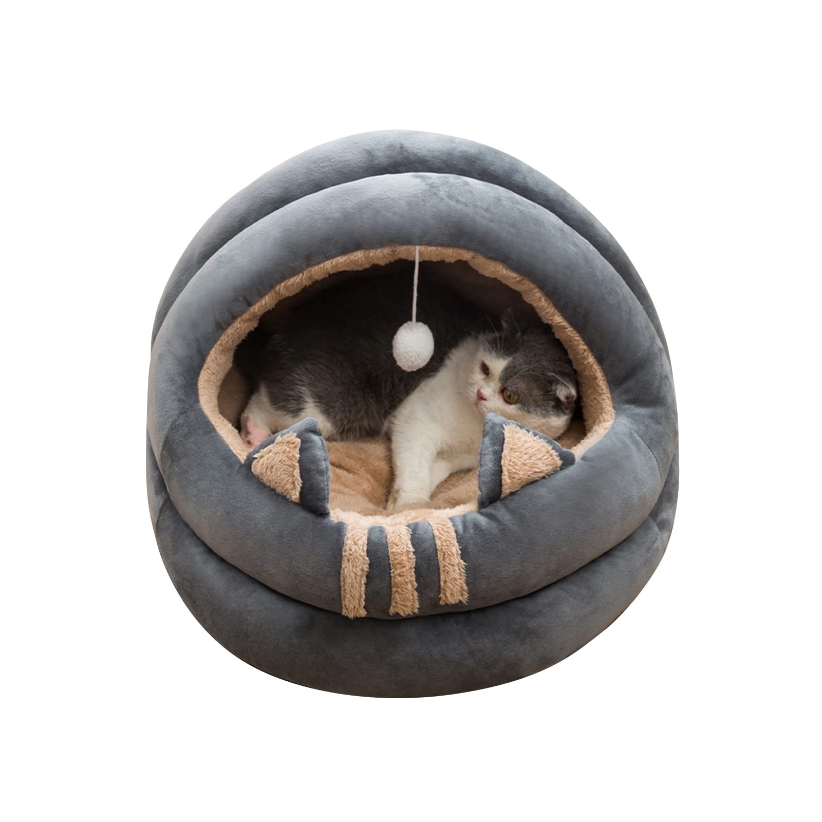**Orthopedic Cat Bed for Indoor Cats - Soft, Washable & Anti-Slip Pet Cushion for Small, Medium, Large Dogs & Cats - Cozy Cat-Shaped Cave with Hanging Toy - Perfect for Lounging, Napping & Playtime**