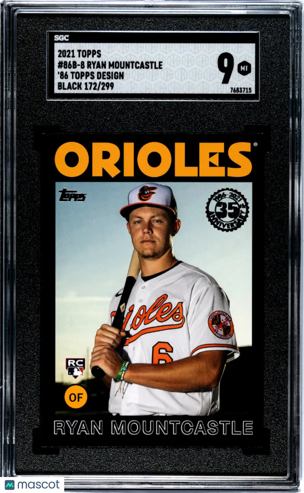 2021 Topps Baseball Ryan Mountcastle Rookie Card RC 86' Topps Design Black SGC 9 /299 - Perfect for Baseball Card Collectors and Sports Memorabilia Enthusiasts