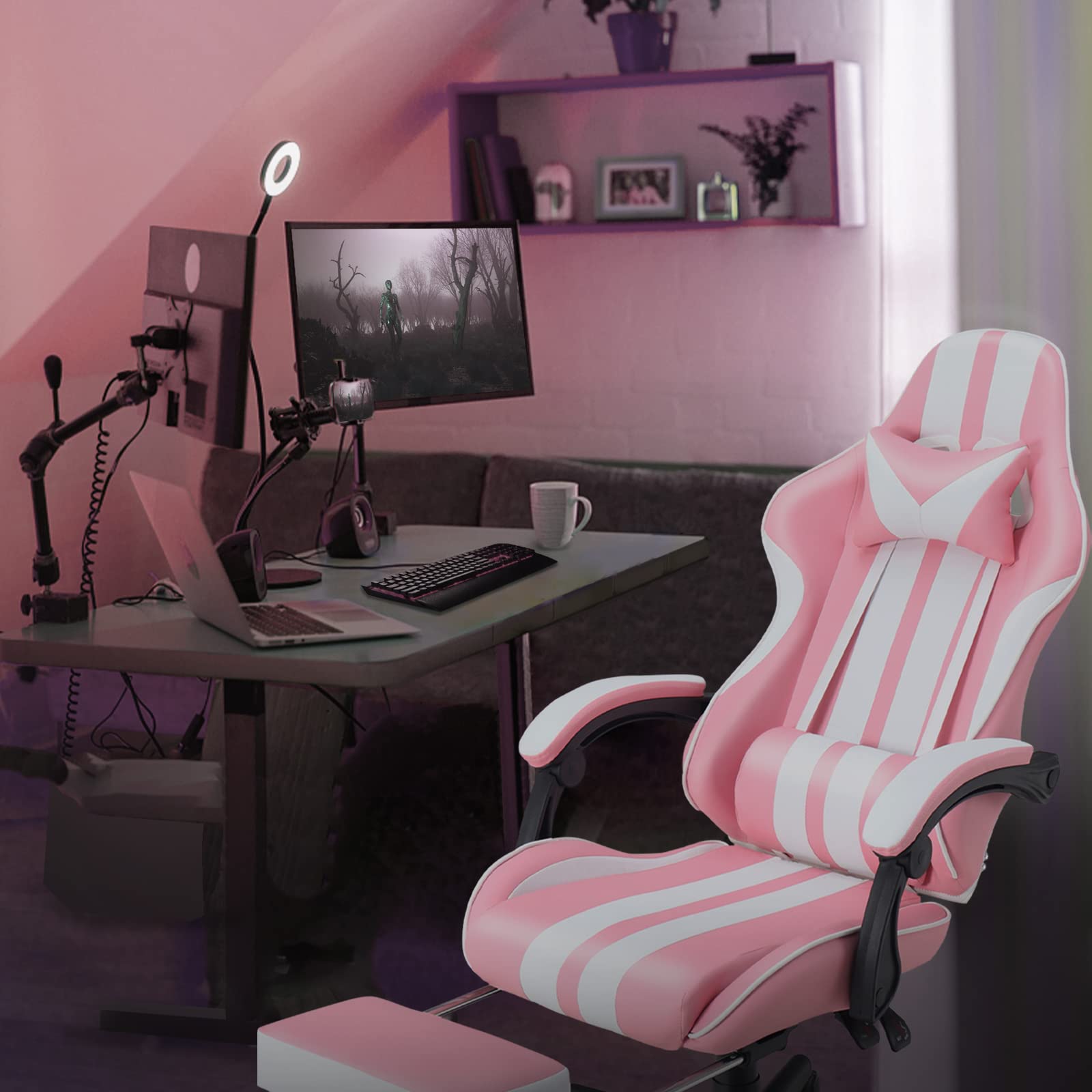 Premium Gaming Chair with Footrest & Massage - Ergonomic Computer Game Chair for Adults & Teens - Perfect for Gaming, Live Streaming & Office Use - Racing Style in Pink - Ideal Christmas/Xmas Gift for Gamers