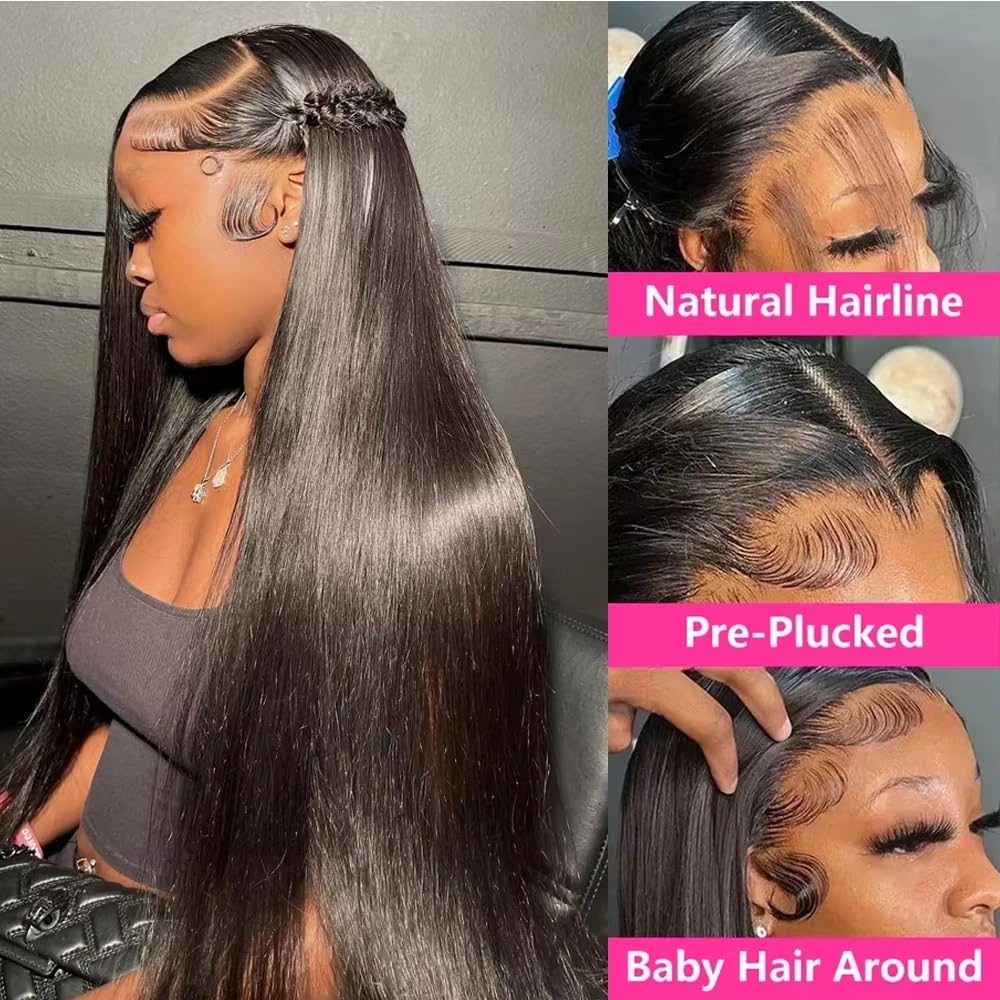 sdamey 360 Straight Lace Front Wig - 100% Human Hair HD Transparent Full Lace Wig for Women | 200% Density, Pre-Plucked with Baby Hair | 12A Brazilian Virgin Hair, Natural Color (16 Inches) | Perfect for Daily Wear, Cosplay, and Special Occasions