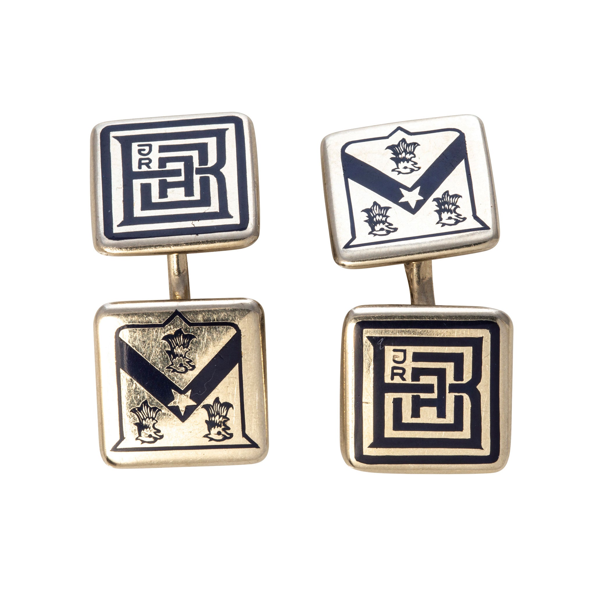 Vintage Cartier Enamel Crest 14K White Gold Square Cufflinks for Men - Luxury Dress Accessories for Weddings, Business & Formal Events