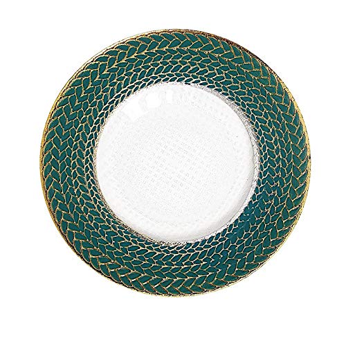 BalsaCircle 8-Piece 13-Inch Clear Round Gold Teal Green Rimmed Glass Charger Plates - Elegant Dinnerware for Wedding, Party & Holiday Table Decorations - Perfect for Formal Dining, Buffet Settings & Special Occasions