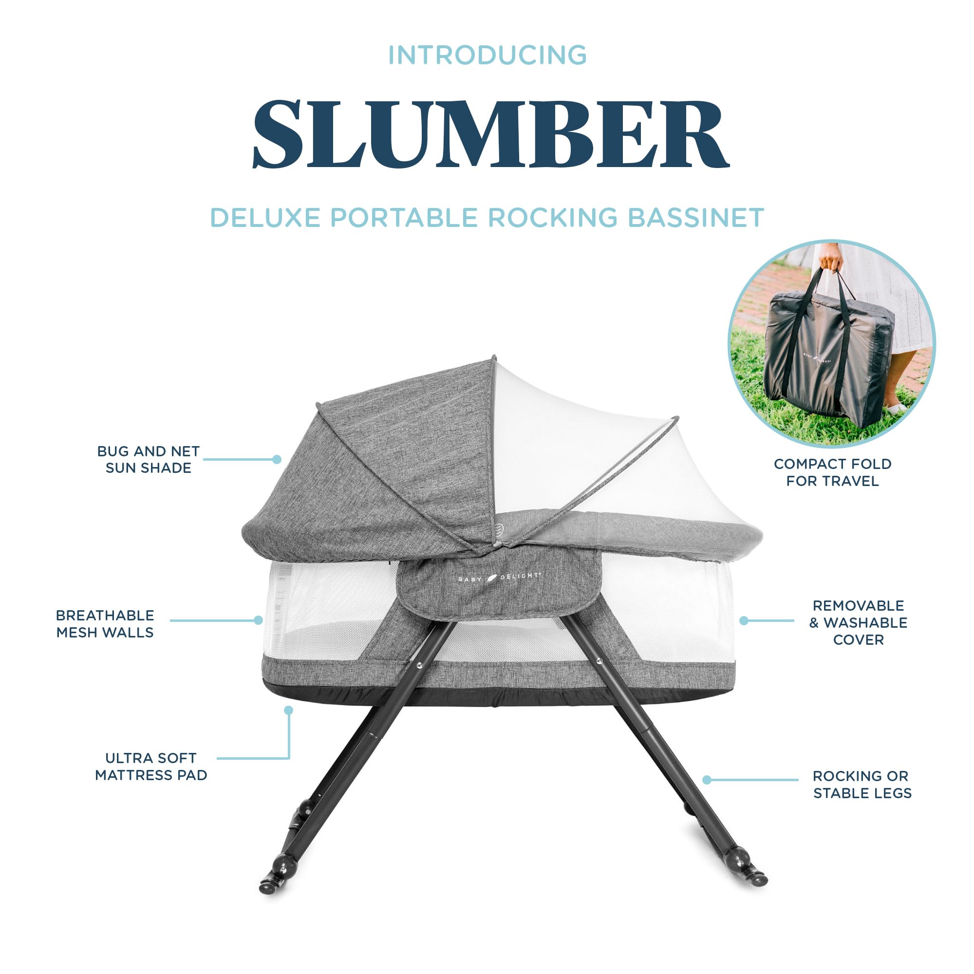 **Baby Delight Slumber Deluxe Rocking Bassinet – Portable Infant Bed with Removable Canopy, Charcoal Tweed – Perfect for Nursery, Travel & Co-Sleeping**