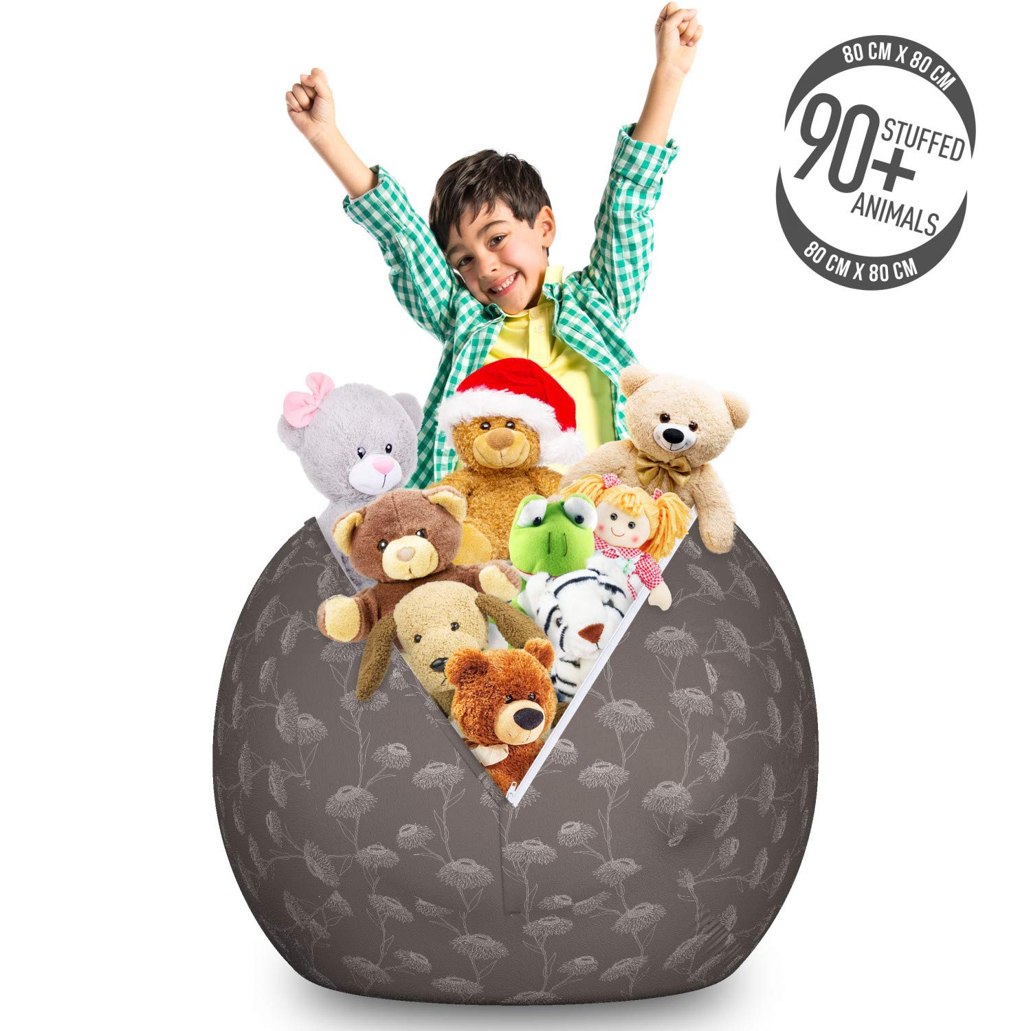 Ambesonne Large Taupe Storage Toy Bag Chair - Chrysanthemum Blooms Botanical Design on Dark Background, Washable Stuffed Animal Organizer | Perfect for Kids' Room, Nursery, Playroom & Dorm Organization
