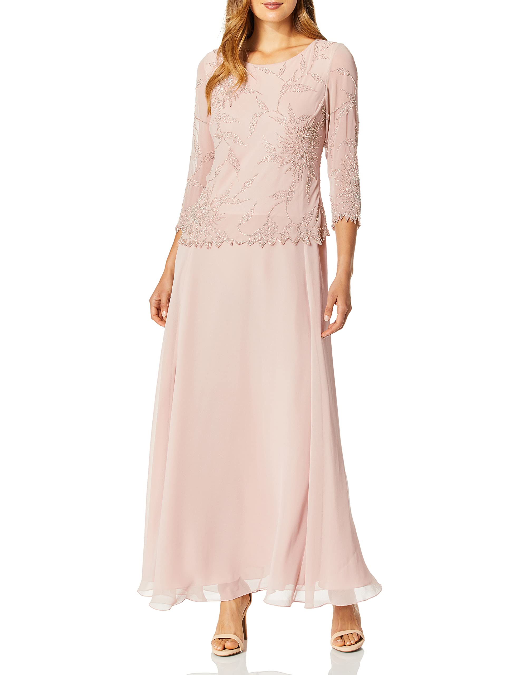 J Kara Plus Size Women's Beaded Scoop Neck 3/4 Sleeve Long Dress - Elegant Evening Wear for Parties & Special Occasions