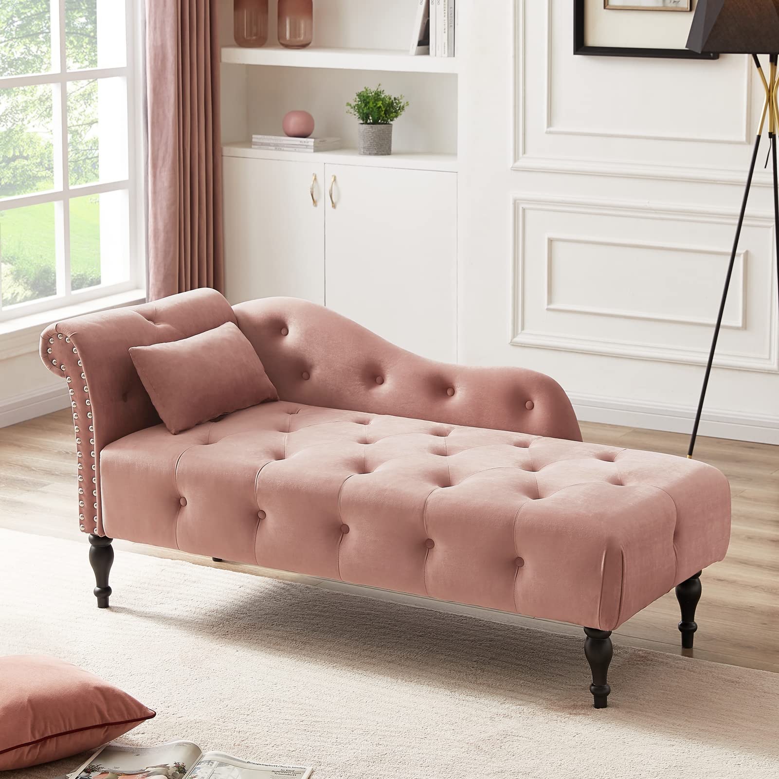 Velvet Lounge Chair with Pillow - Tufted Button Nailhead Trim & Solid Wood Legs - Modern Chaise Lounge for Living Room, Bedroom & Reading Nook - Rose Recliner (Perfect for Relaxing, Reading & Home Decor)