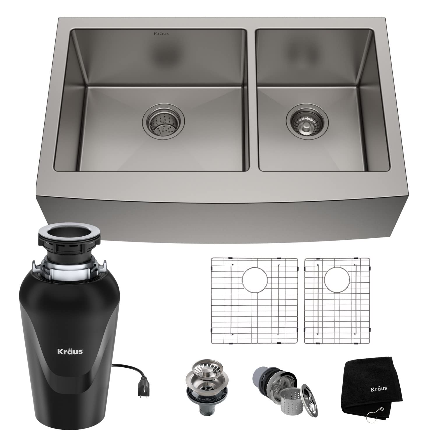 KRAUS Standard PRO™ 36-inch 16 Gauge 60/40 Double Bowl Stainless Steel Farmhouse Kitchen Sink with WasteGuard™ Continuous Feed Garbage Disposal - KHF203-36-100-75MB | Durable & Stylish for Modern Kitchens, Perfect for Busy Home Chefs & Large Families